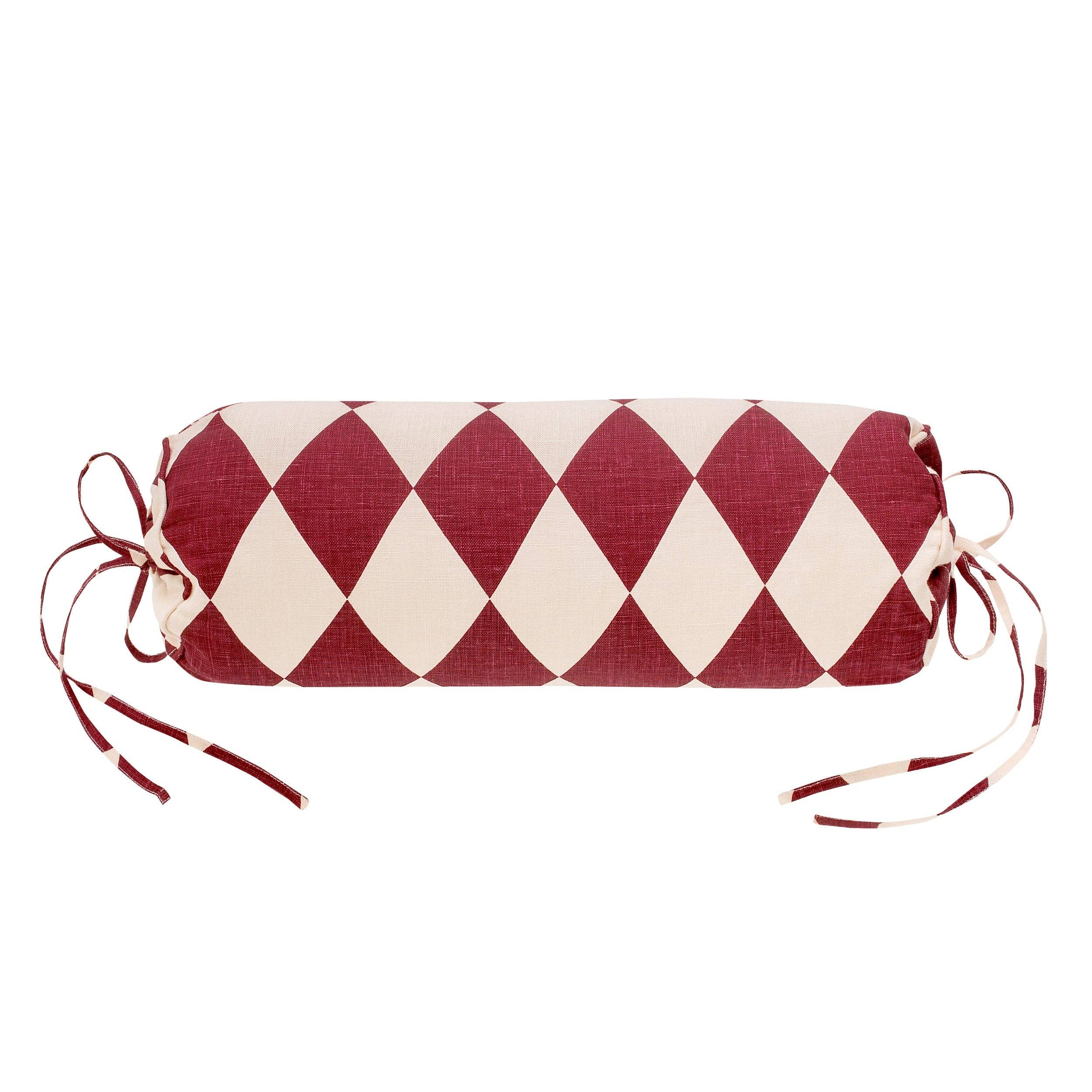 Projektityyny Harlequin linen bolster cushion in claret and cream.