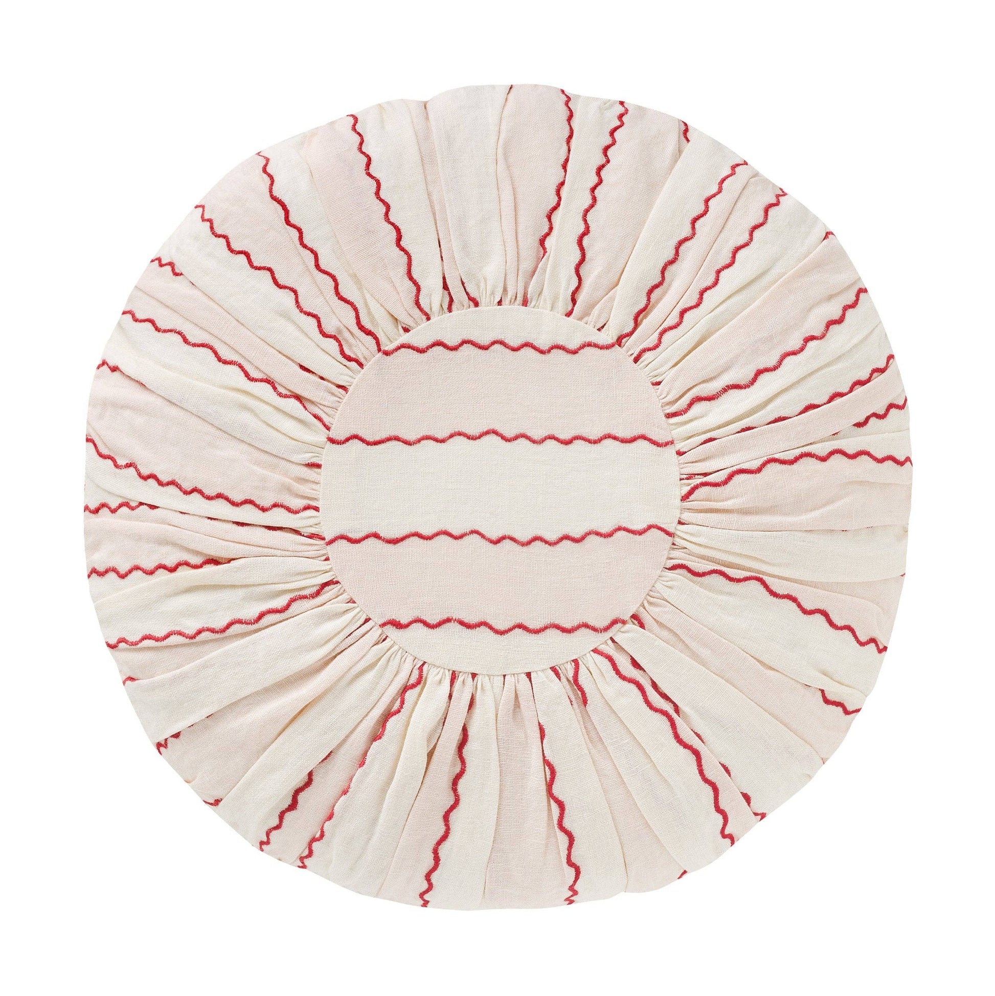 Projektityyny Marionette round linen cushion in pink and cream stripe with red scallop embroidery.