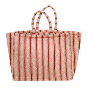 Projektityyny Pink Cherry Pop large quilted cotton tote bag in pink, red, peach and rust stripes.