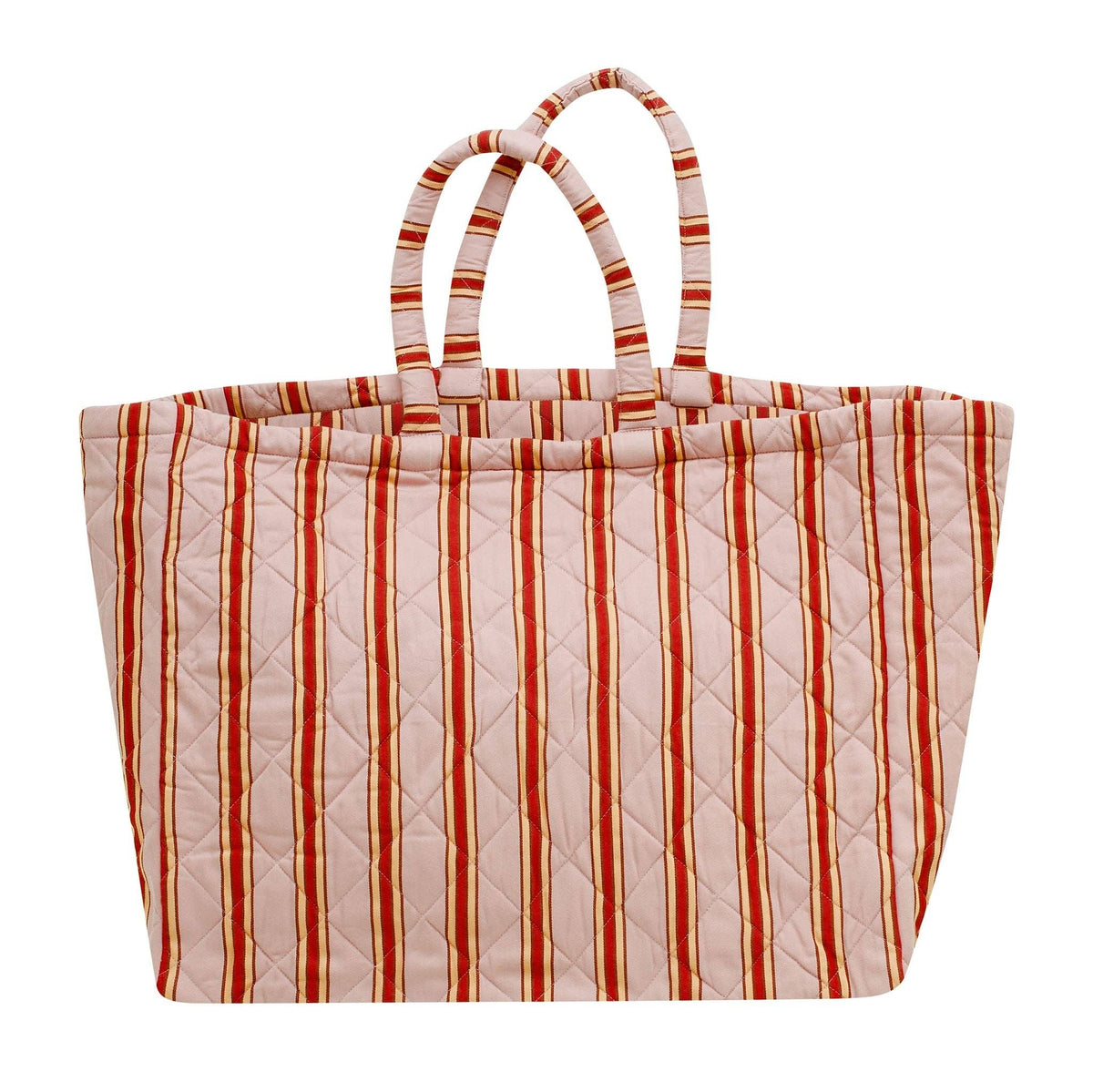 Projektityyny Pink Cherry Pop large quilted cotton tote bag in pink, red, peach and rust stripes.