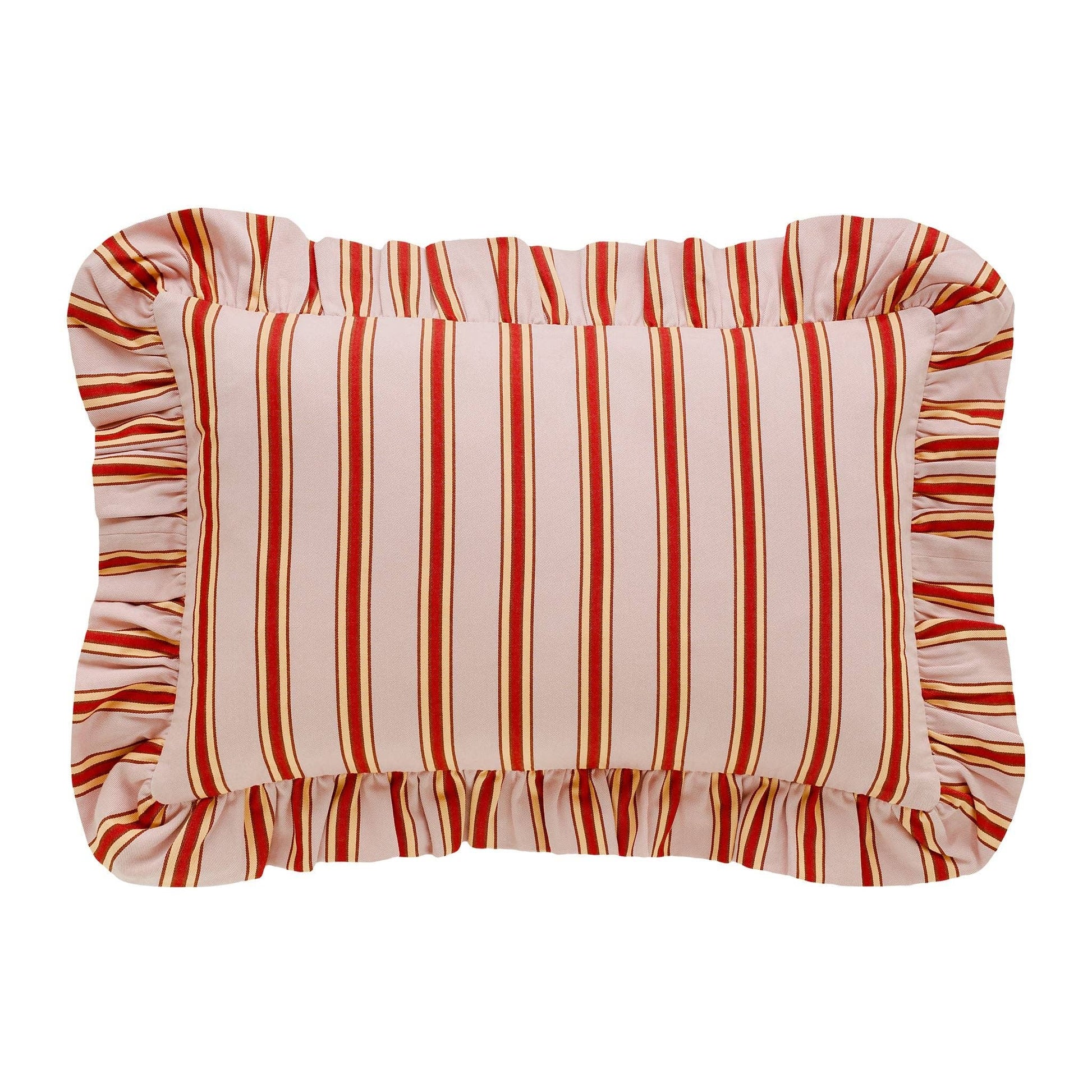 Projektityyny Pink Cherry Pop Stripe cotton cushion with decorative frilled edge.