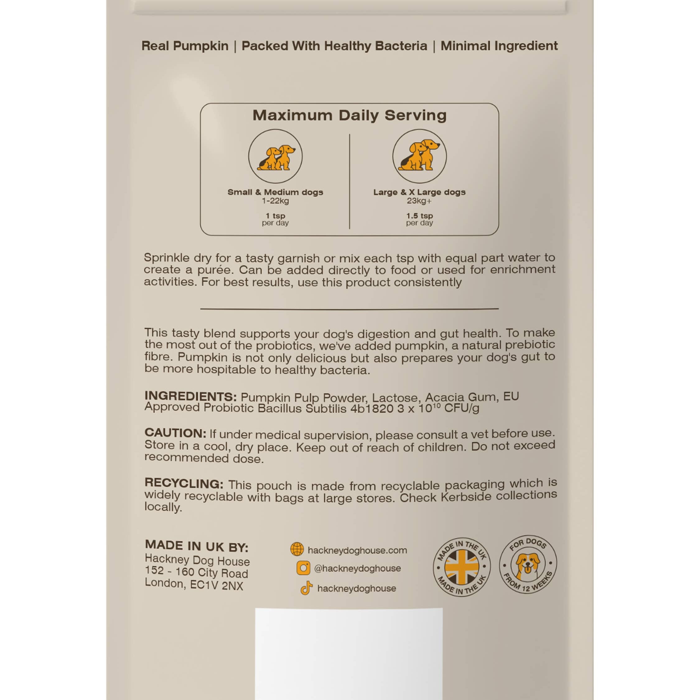 Pumpkin and probiotic dog supplement powder for everyday digestive support.