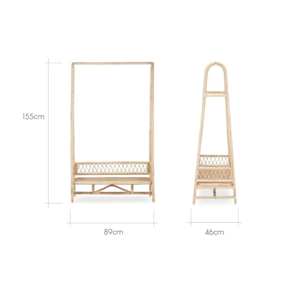 Natural rattan clothes rail for organising dog coats and outfits