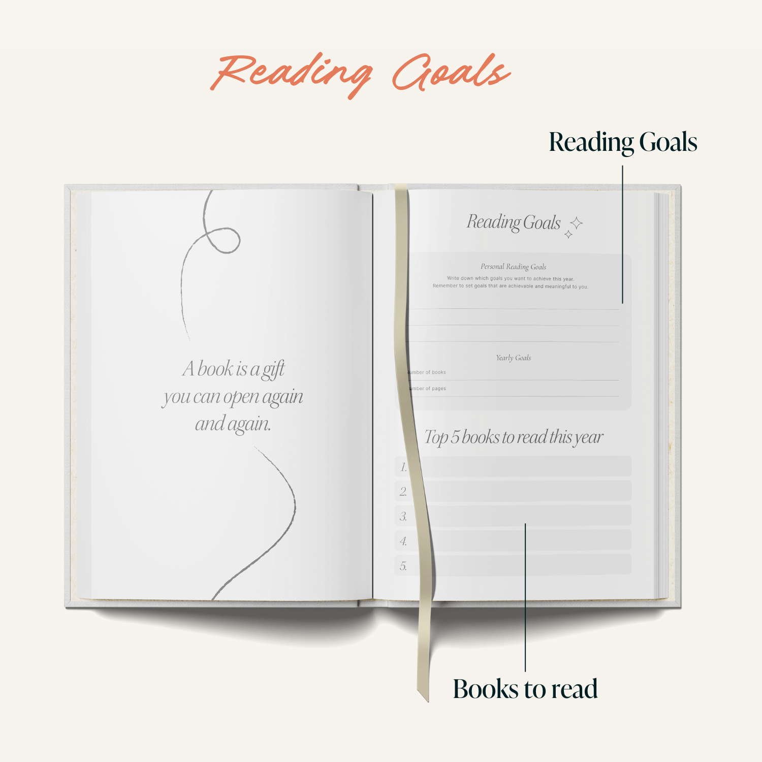 Colourful reading journal with structured pages for book reviews, goals and reading lists.