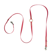 A pink leather dog leash with a gold-tone metal O-ring, brass studs, and a silver swivel snap hook clasp, displayed on a clean white background.
