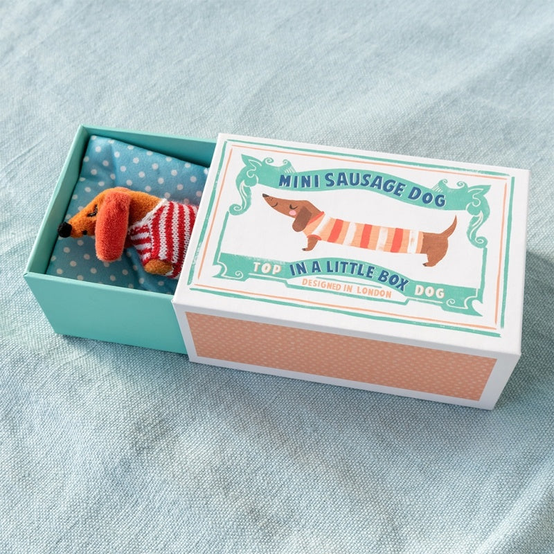 Rex London Mini Sausage Dog in a Little Box soft toy with striped jumper and blanket