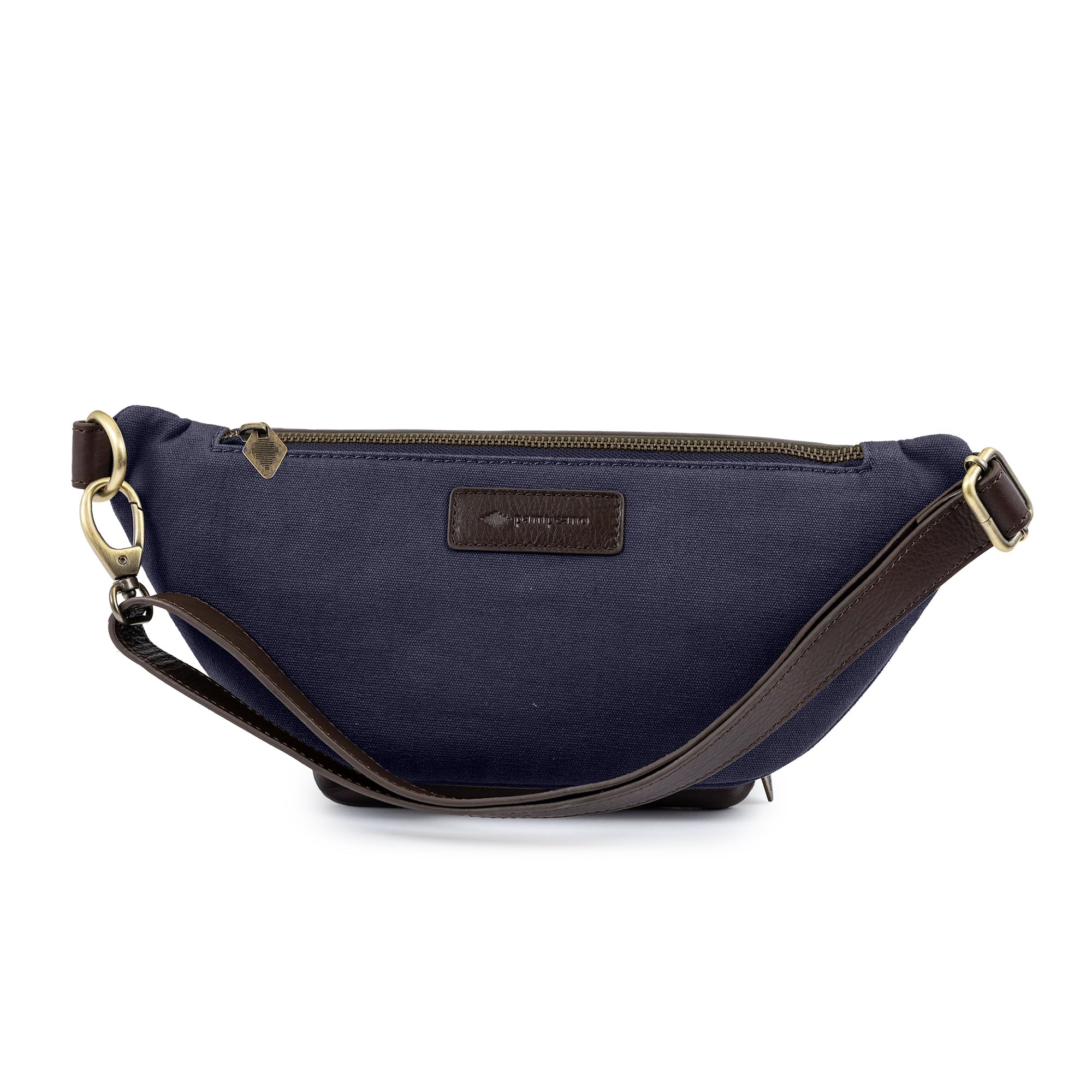 Navy canvas Rinonera crossbody bag by pampeano with brown vegetable-tanned leather