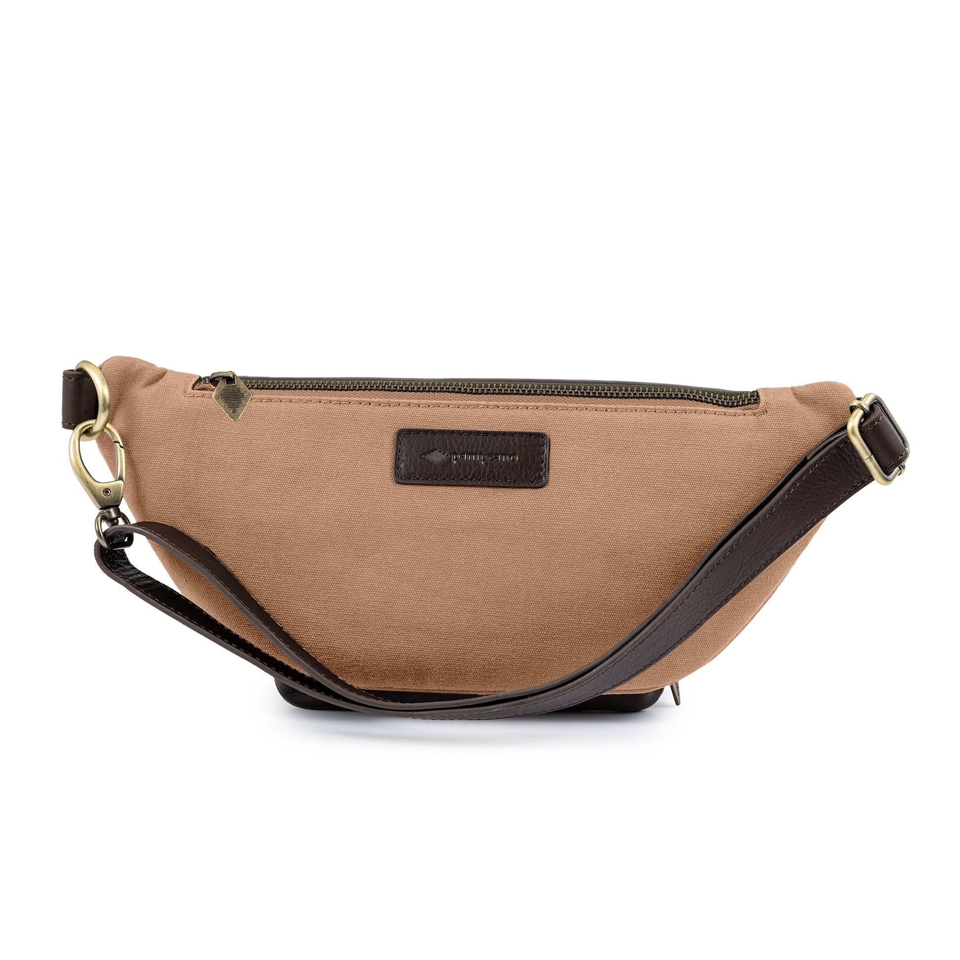 Sand canvas Rinonera crossbody bag by pampeano with brown vegetable-tanned leather