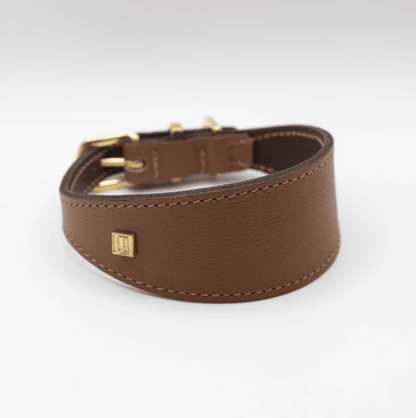 Brown leather dog collar with gold hardware on a white background