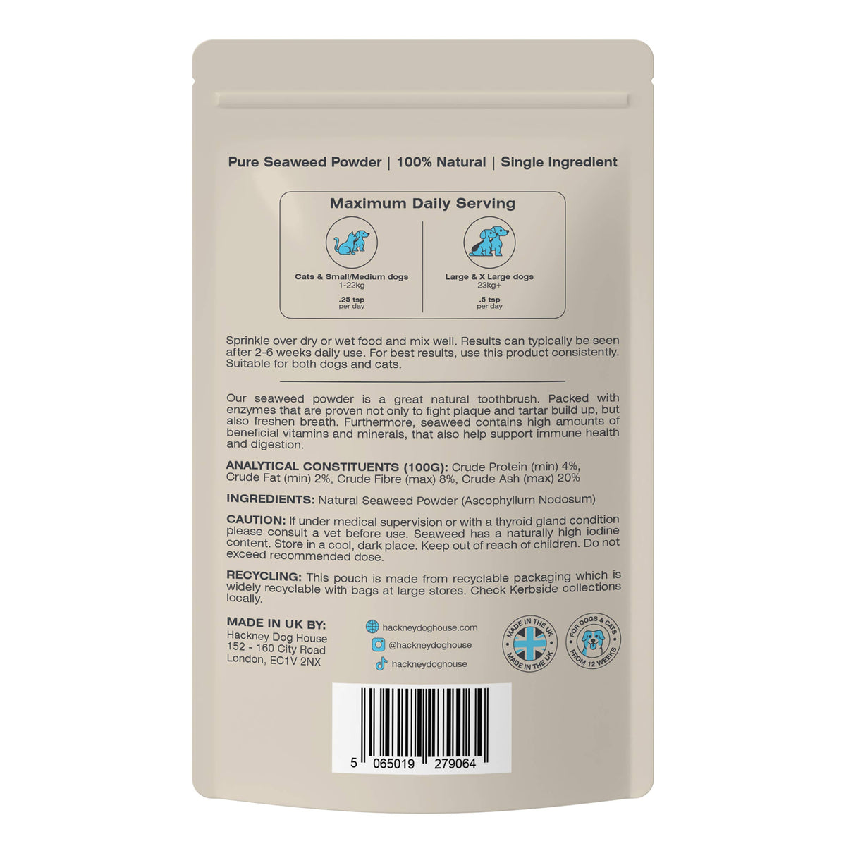 Ascophyllum nodosum seaweed powder food topper for dog dental hygiene.