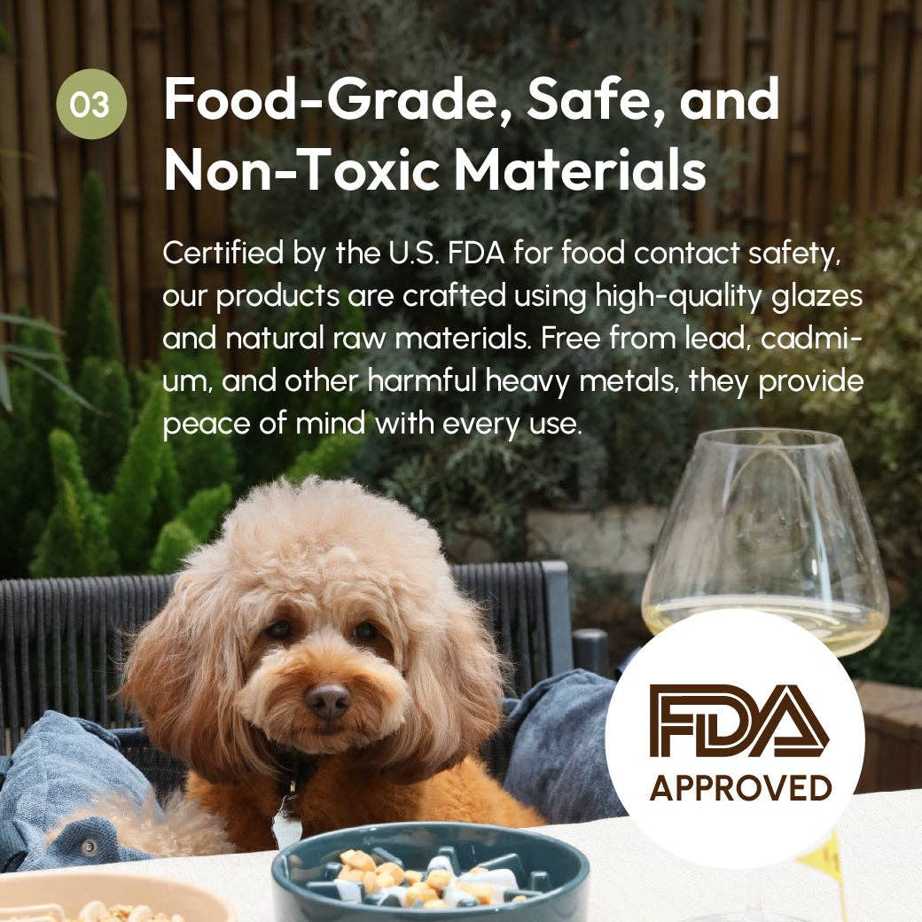 Dog sitting on a couch with food and a glass, surrounded by text about food-grade safety and FDA approval.