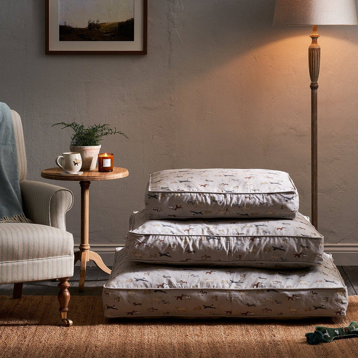 Sophie Allport Doggy Daycare luxury dog mattress with illustrated dog print and removable cotton cover.