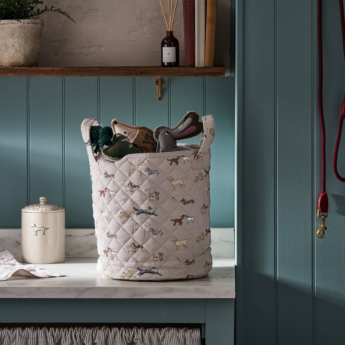 Sophie Allport Doggy Daycare quilted cotton storage basket for dog toys and home organisation.
