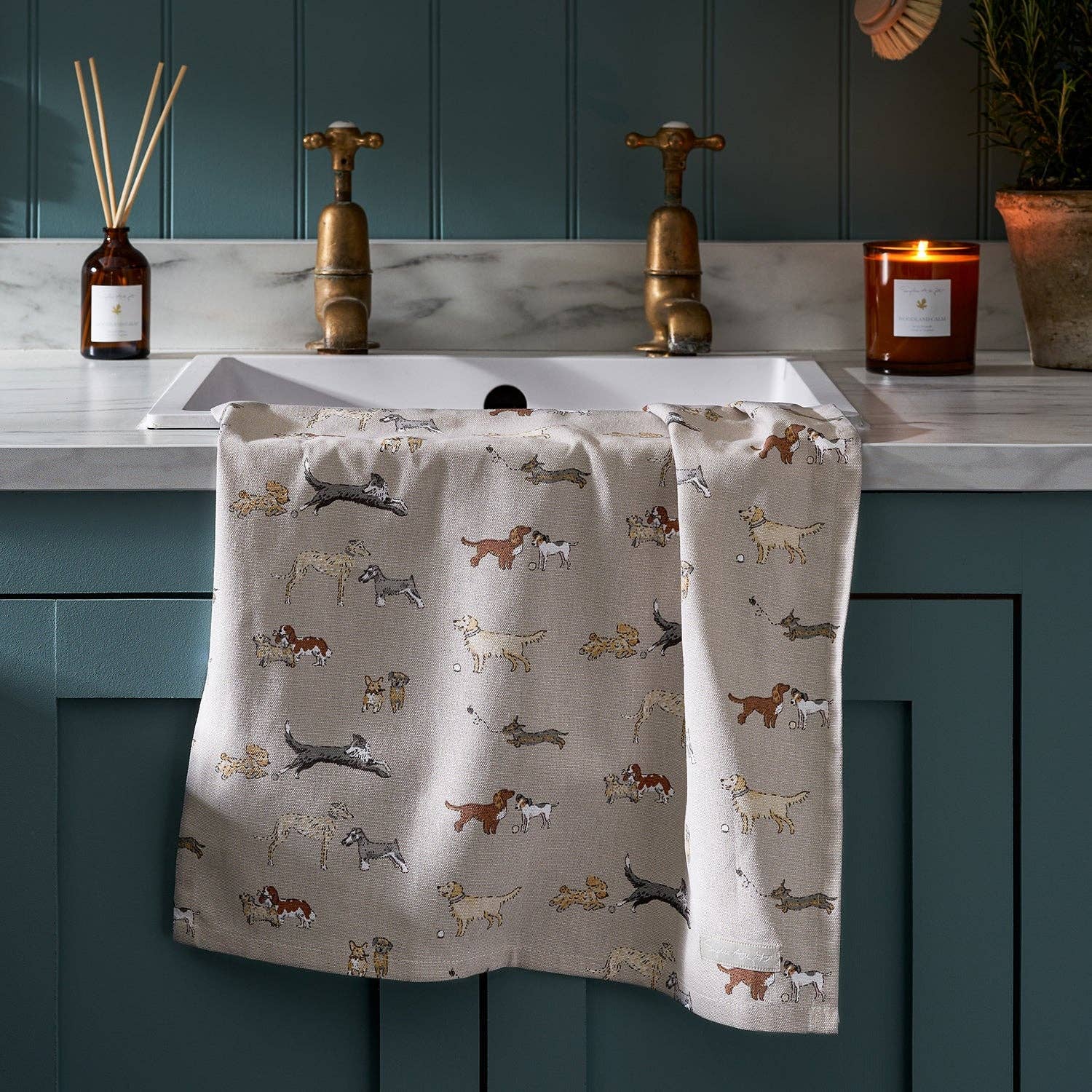 Sophie Allport Doggy Daycare tea towel featuring illustrated dog breeds on a natural stone background.