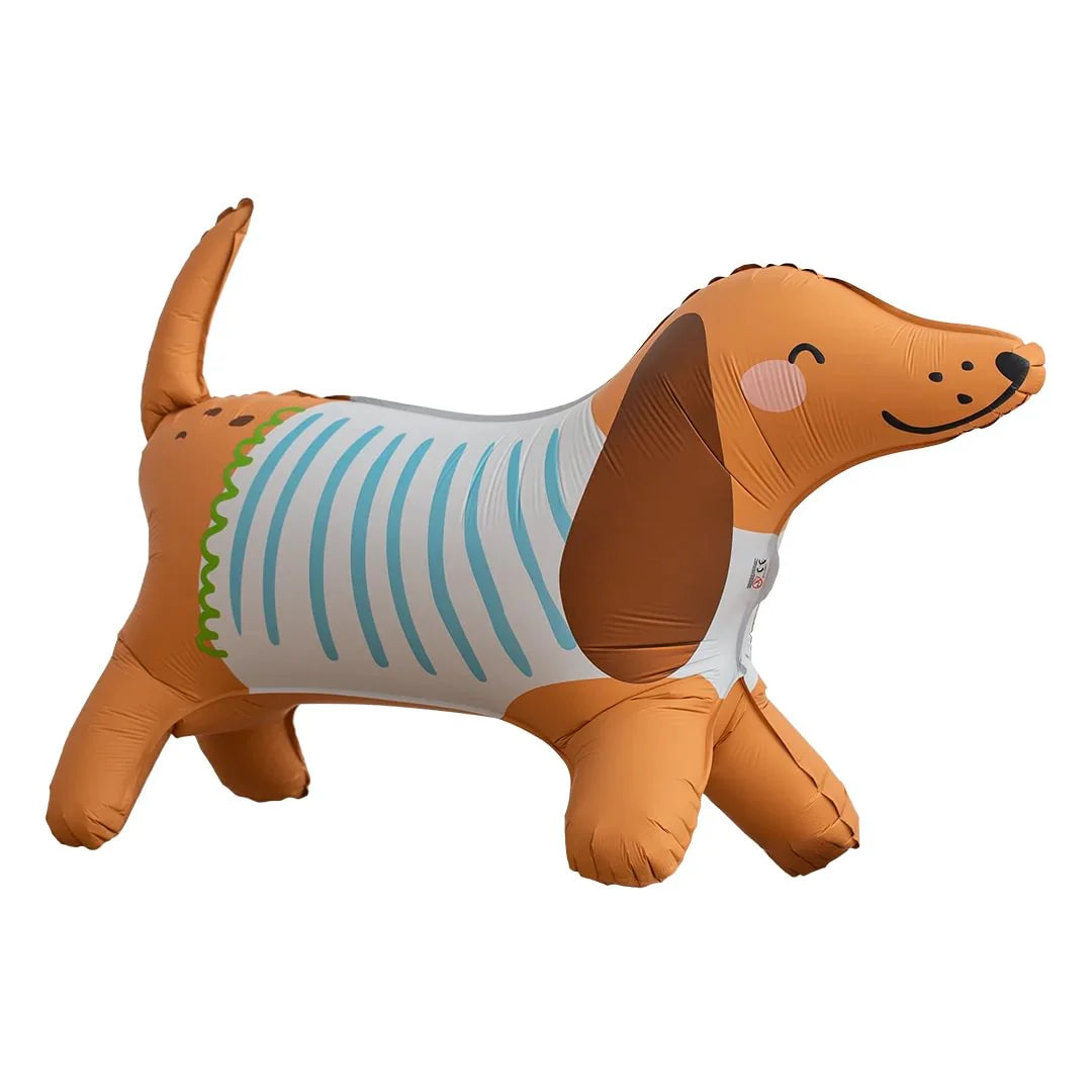 Standing Dachshund foil balloon for dog birthday parties, puppy celebrations and children's animal-themed events.