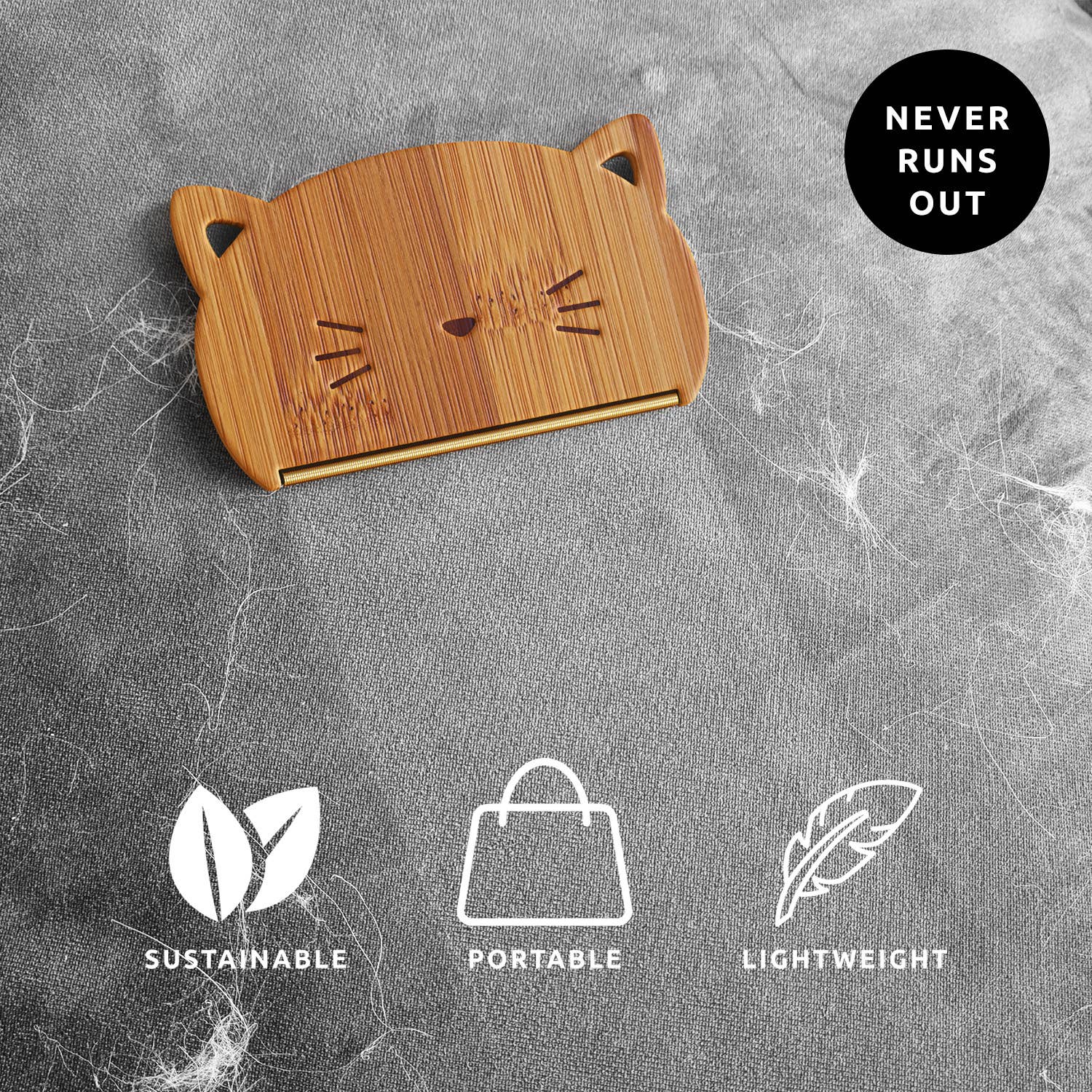 Wooden cat-shaped cardholder on a textured gray background with sustainability icons and text.
