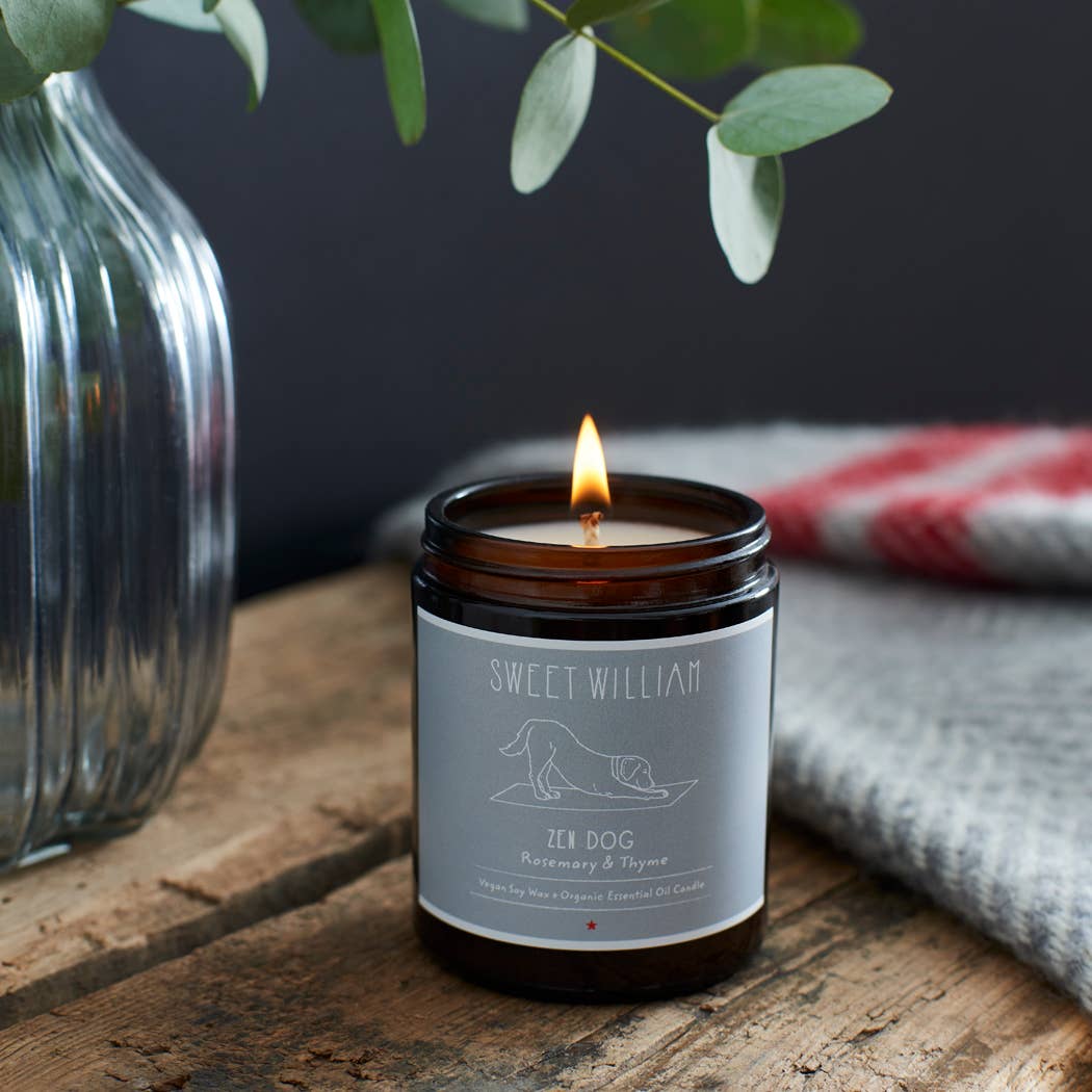 Sweet William Zen Dog Organic Candle creating a calming atmosphere at home