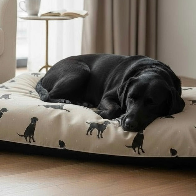 The Artisan Dog Co. Walter reversible dog pillow bed with dog-print cotton fabric and Sherpa fleece