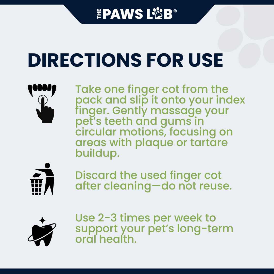 The Paws Lab dual-textured finger-cot dental care wipes for everyday pet oral hygiene.