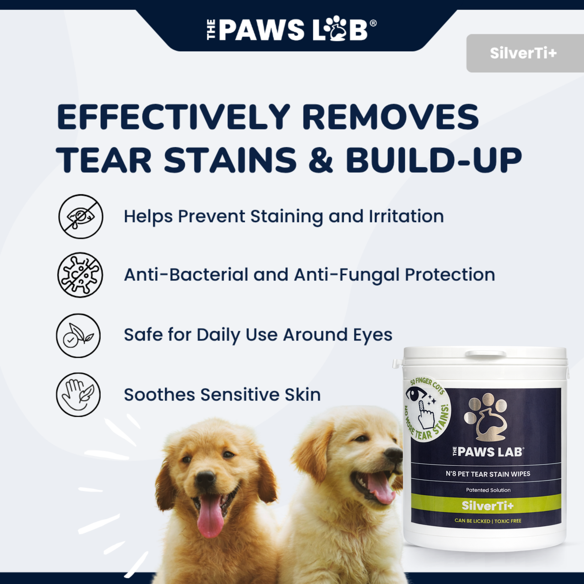 The Paws Lab finger wipes for removing tear residue and build-up around dogs' eyes.