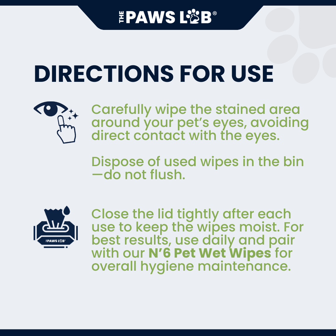 The Paws Lab Tear Stain Wipes for gentle daily eye-area cleaning for dogs and cats.