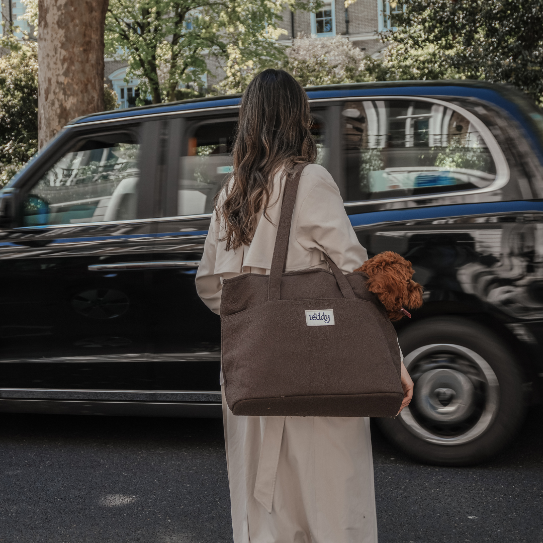 Person holding a brown tote bag with a visible brand logo, standing on a street with a car in the background.
