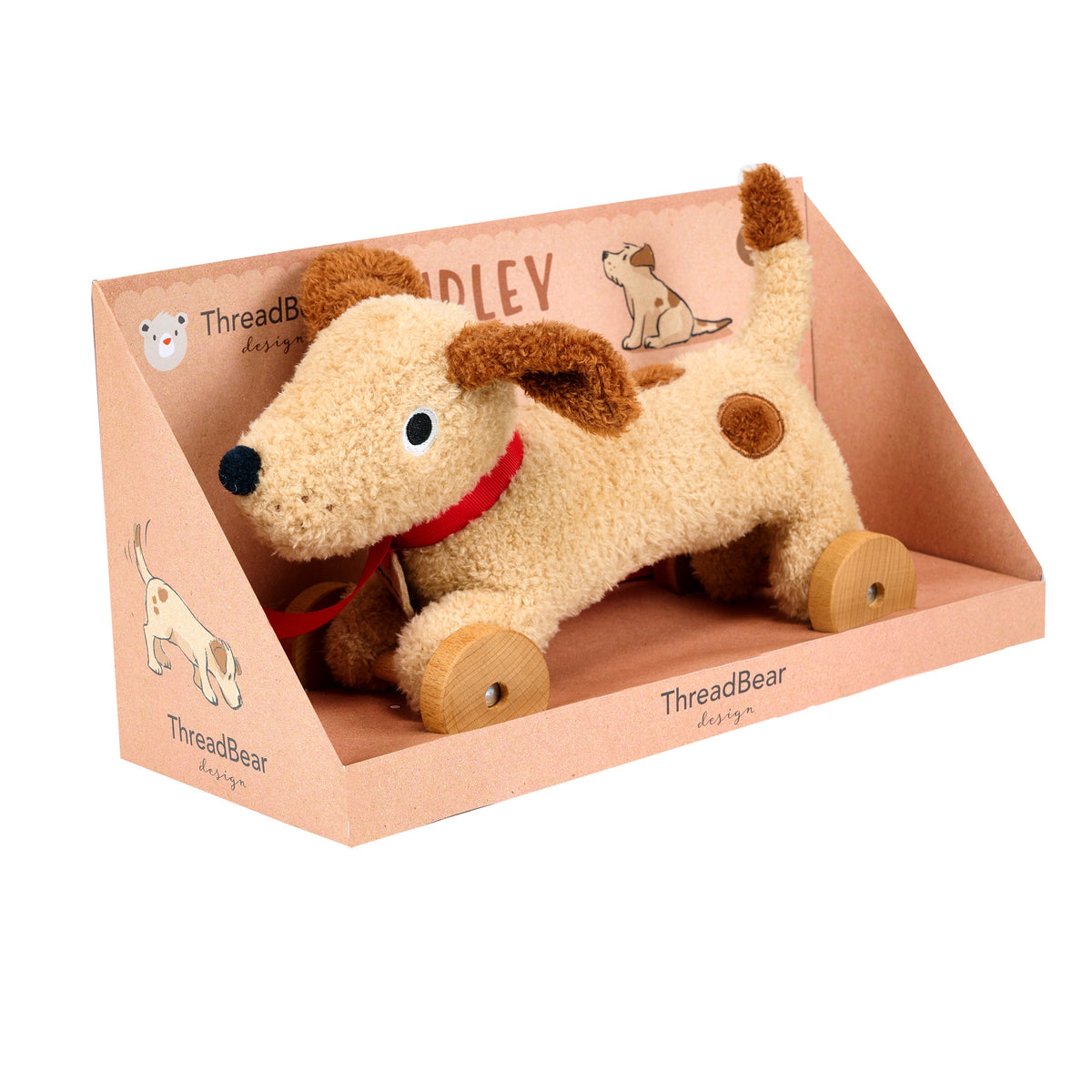 Dudley dog children's toy with wooden pull along wheels