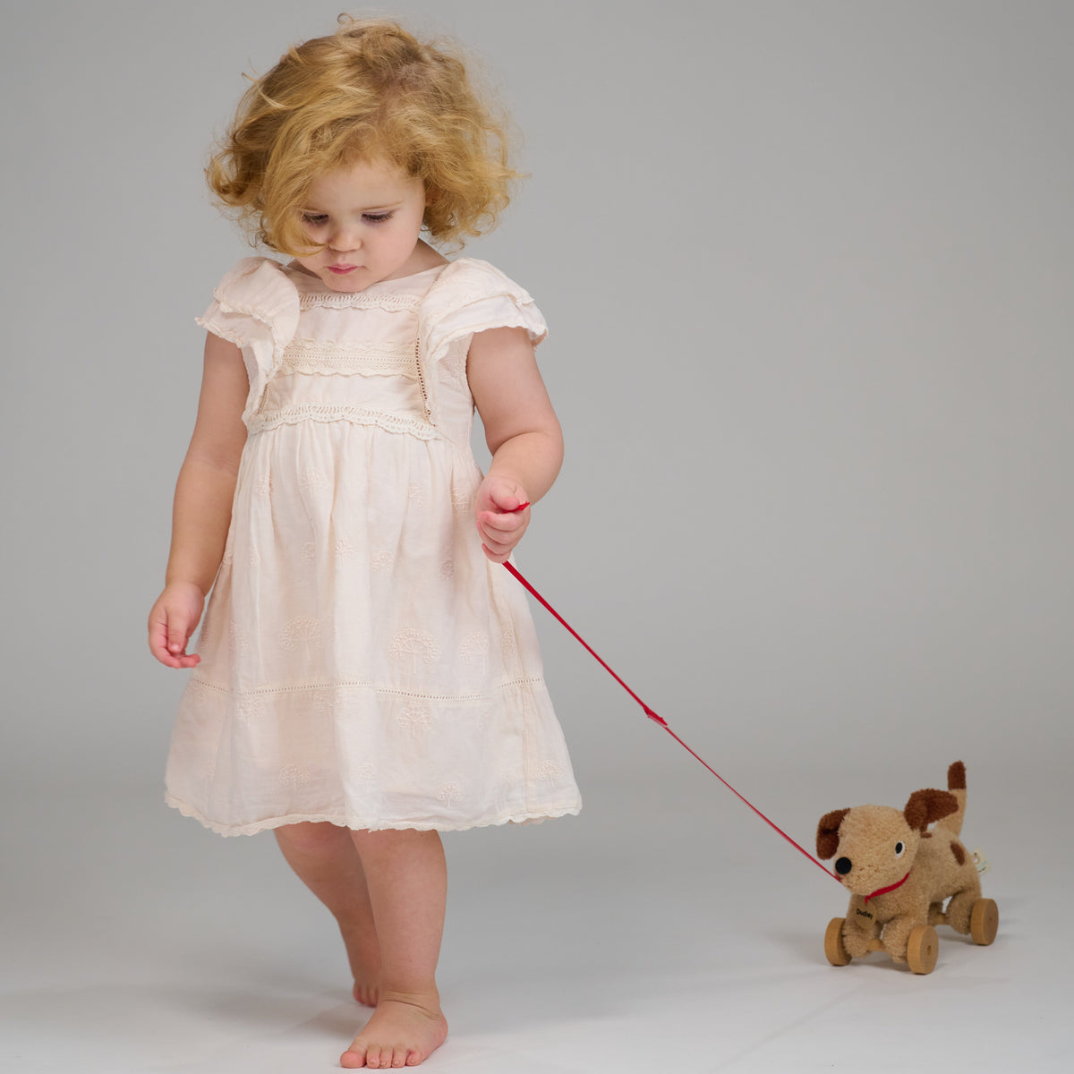 Soft puppy pull along toy with wooden wheels by ThreadBear Design