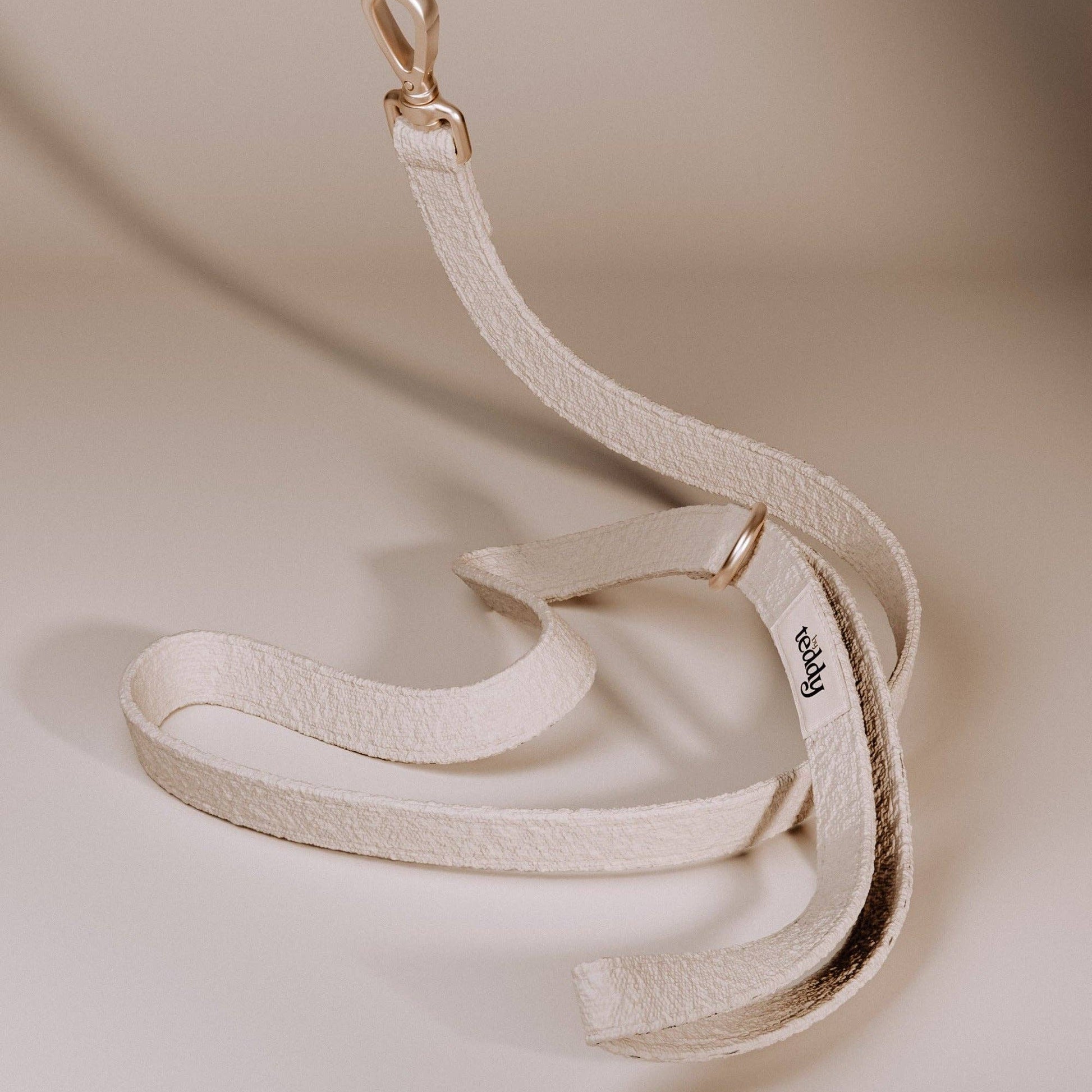 Beige dog leash with gold clip on a beige background