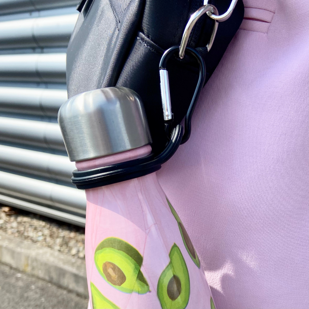 Black water bottle carrier clip designed to attach to bags, belts and rucksacks.