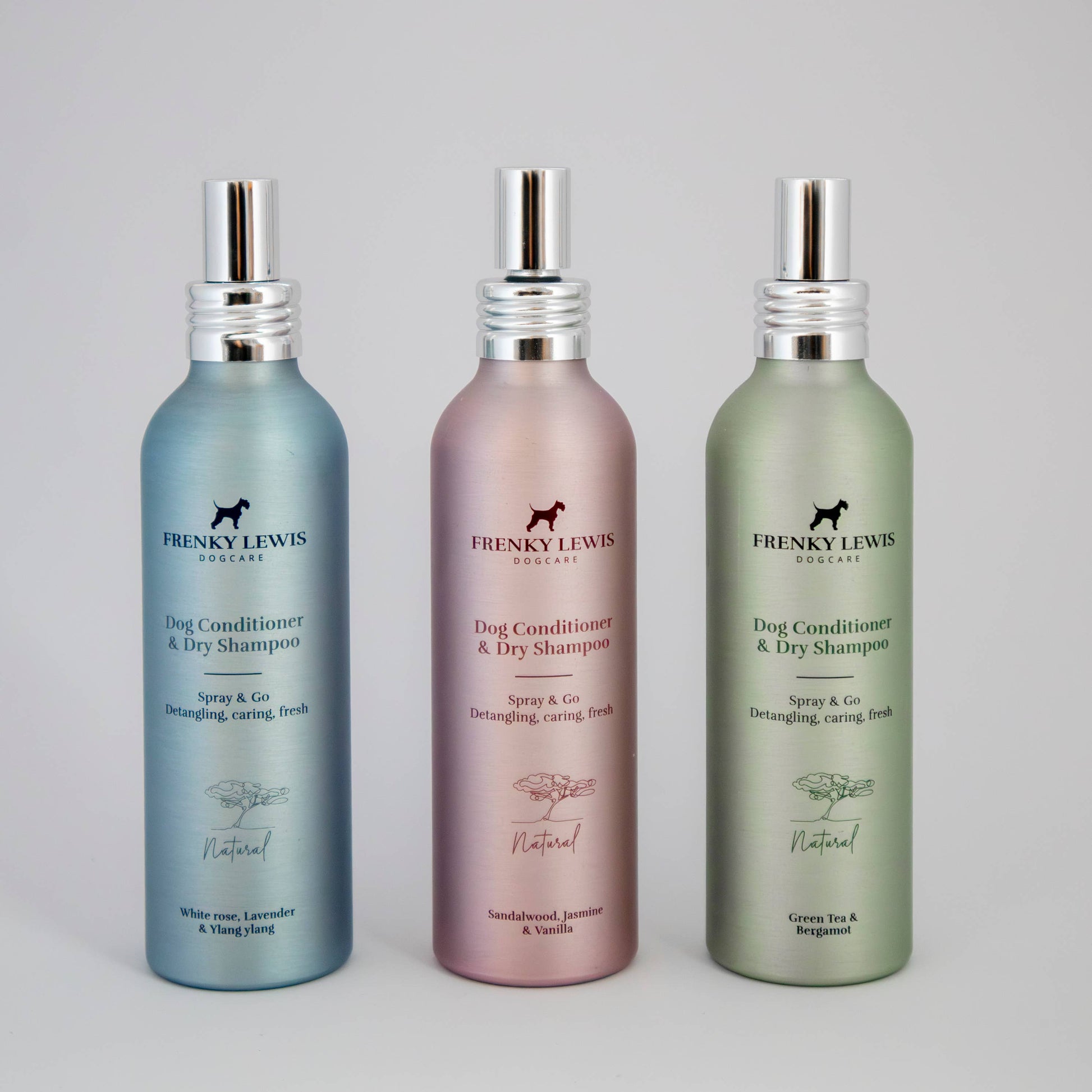 Natural waterless dog shampoo and conditioner spray for refreshing coats without bathing.