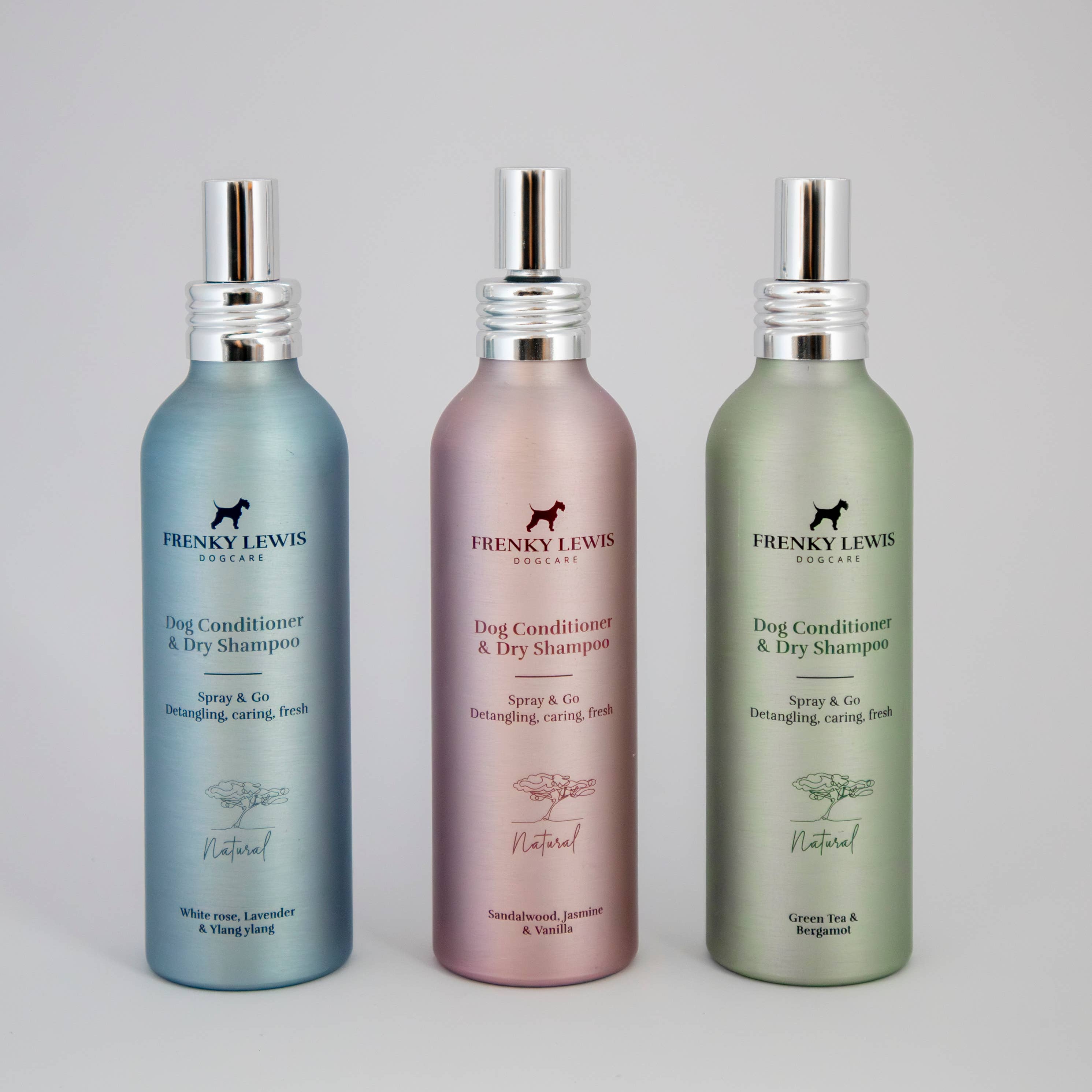 Natural waterless dog shampoo and conditioner spray for refreshing coats without bathing.