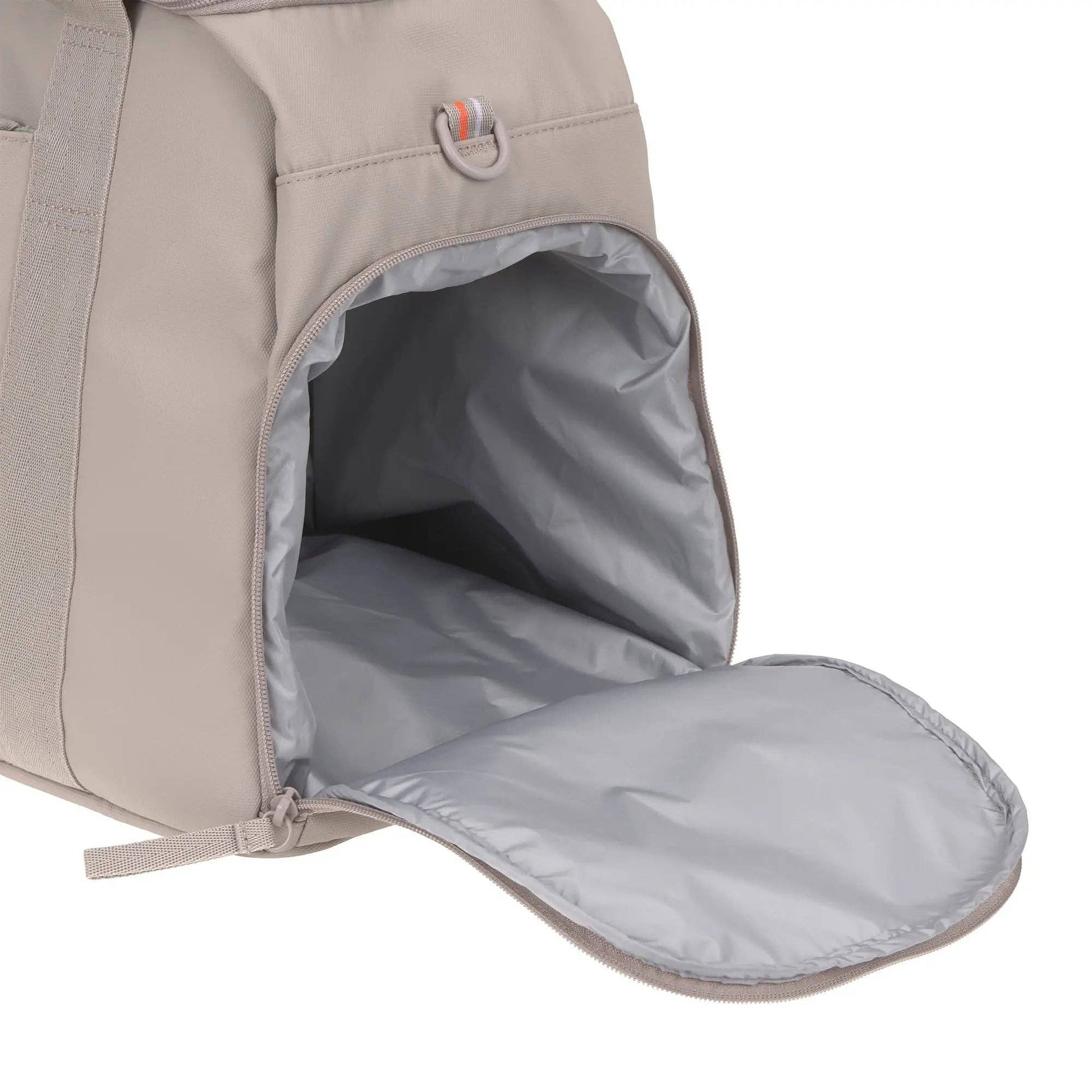 Taupe weekender bag with padded laptop sleeve, interior organisation pockets and adjustable shoulder strap.