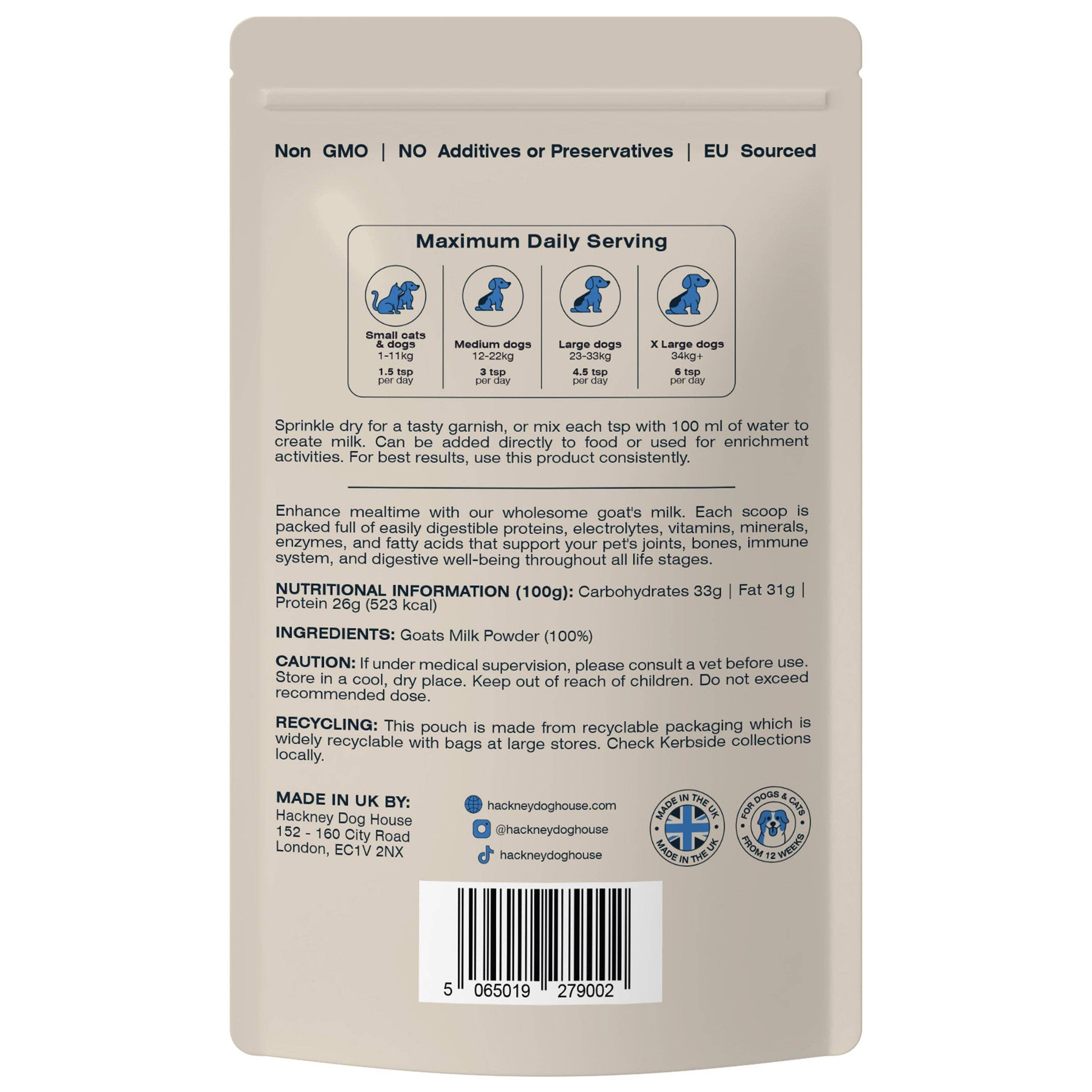 100% whole goat’s milk powder for making a dog milk drink or food topper.