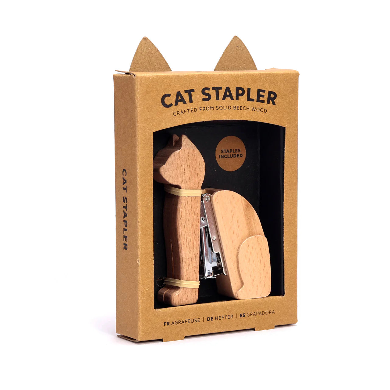 Cat-shaped wooden stapler in a cardboard box on a white background