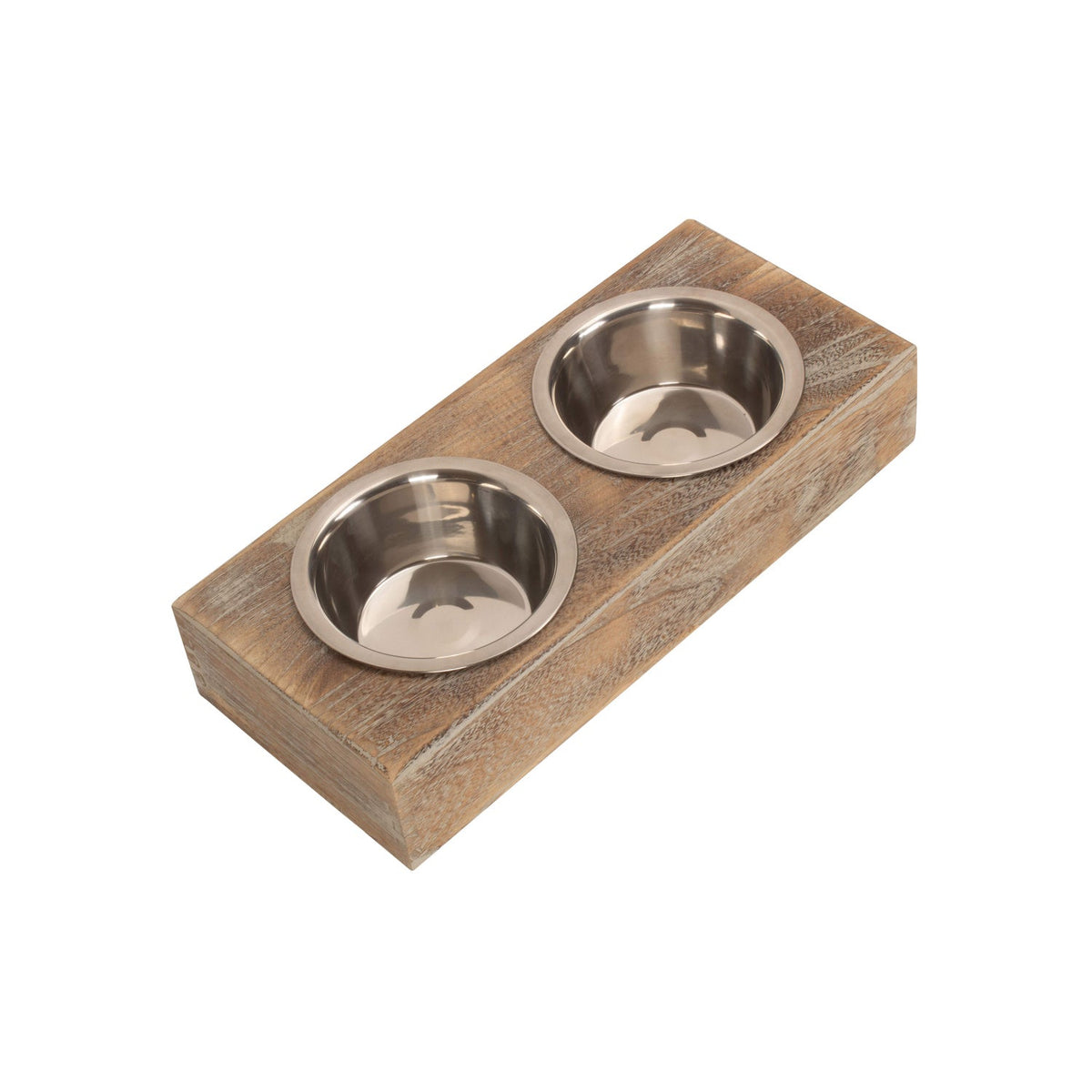 Wooden dog feeding station with removable stainless steel bowls