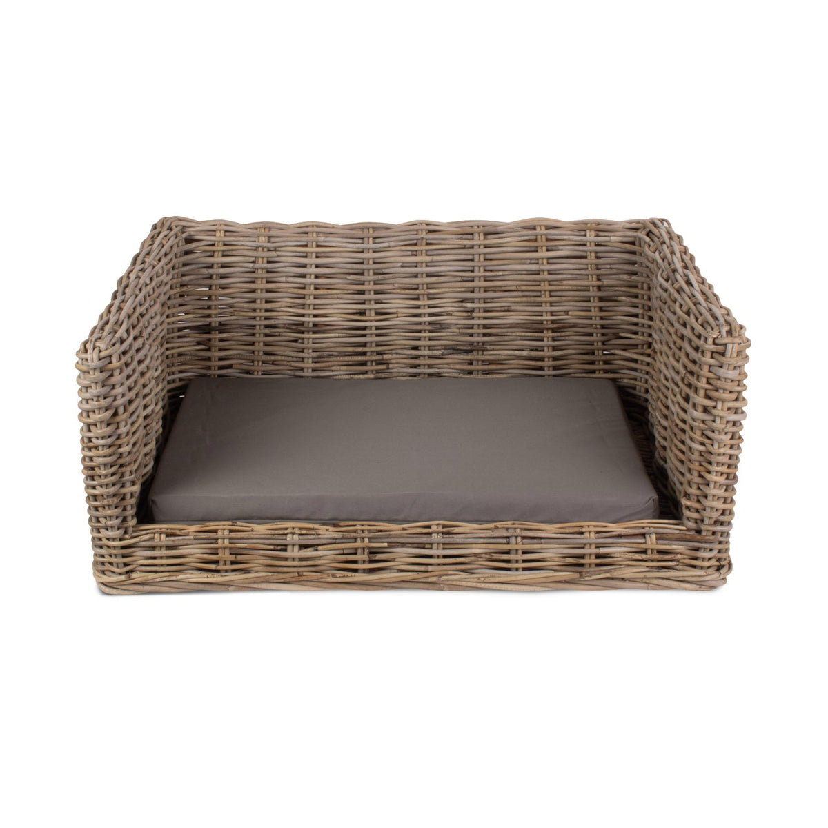Medium handcrafted rattan dog bed with removable cushion