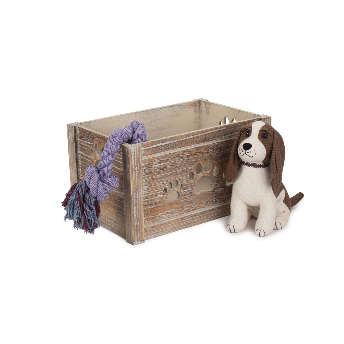 Wooden dog toy box with paw-shaped cut-out by Wovenhill
