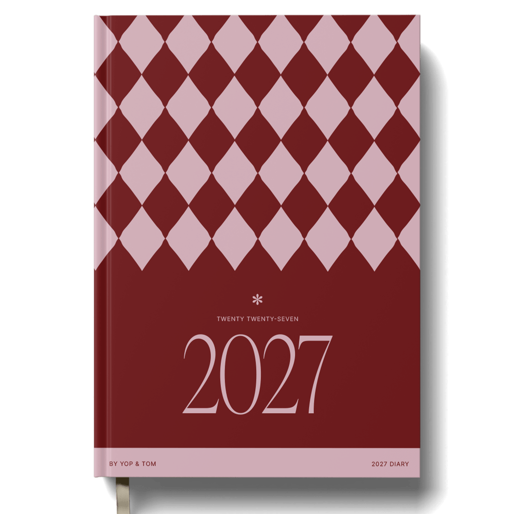 Yop & Tom 2027 A5 week-to-view diary in Burgundy Checkerboard.