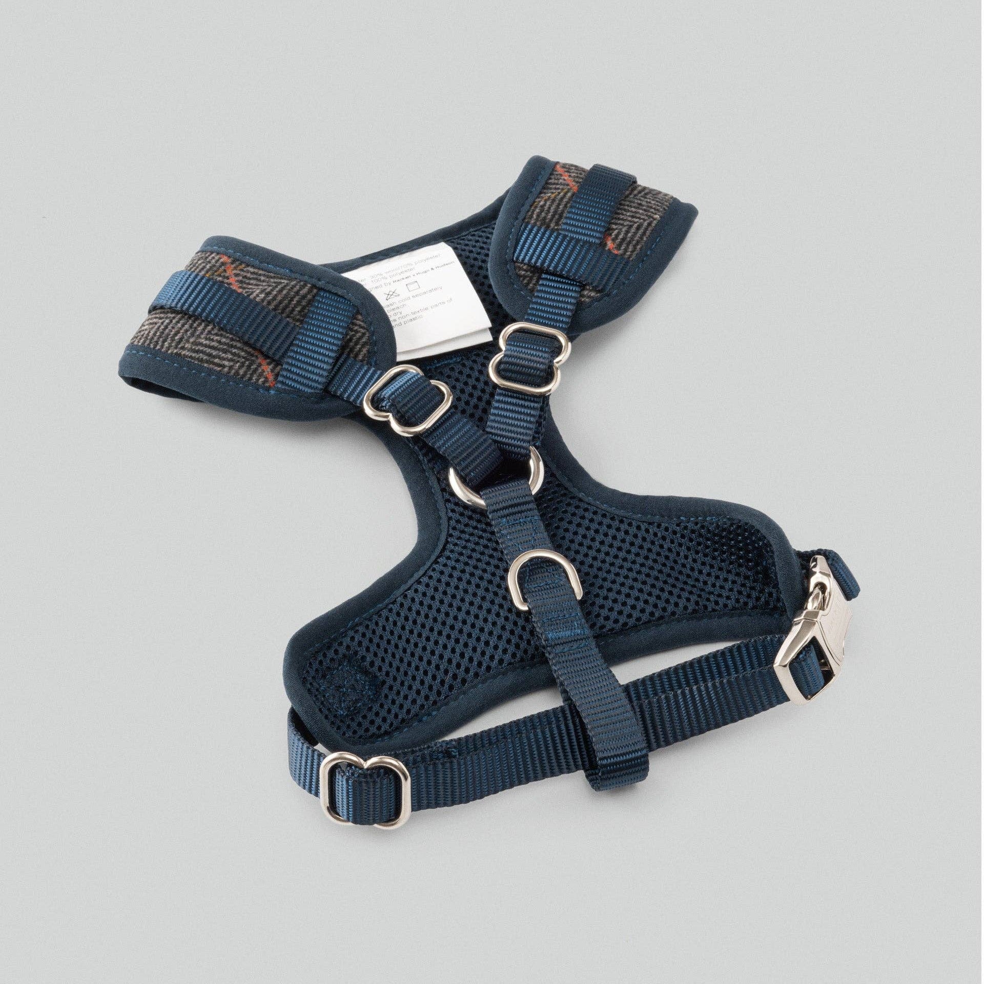 Adjustable neck and chest straps on grey checked herringbone dog harness