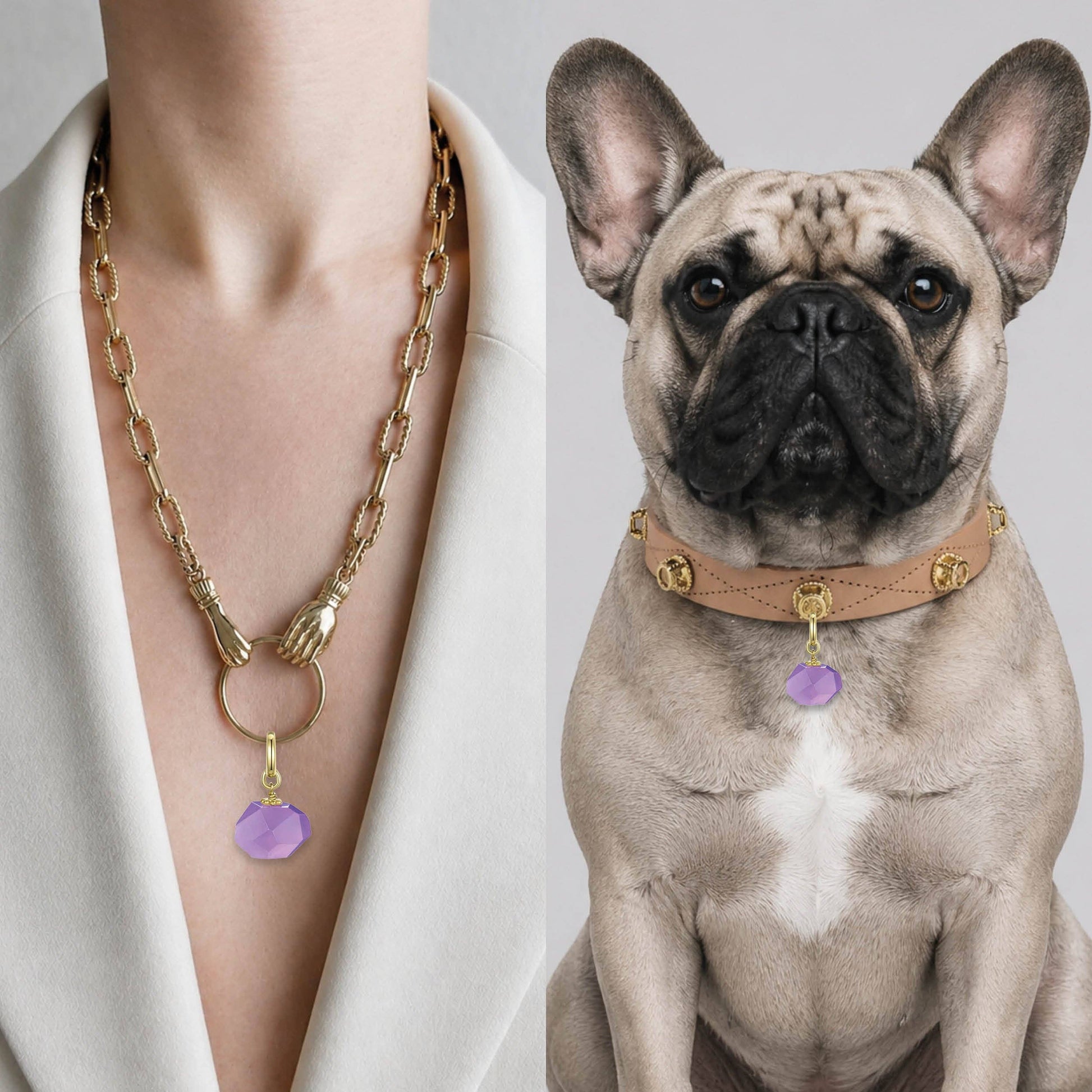 Amethyst crystal-inspired dog collar charm by Unleash CPH