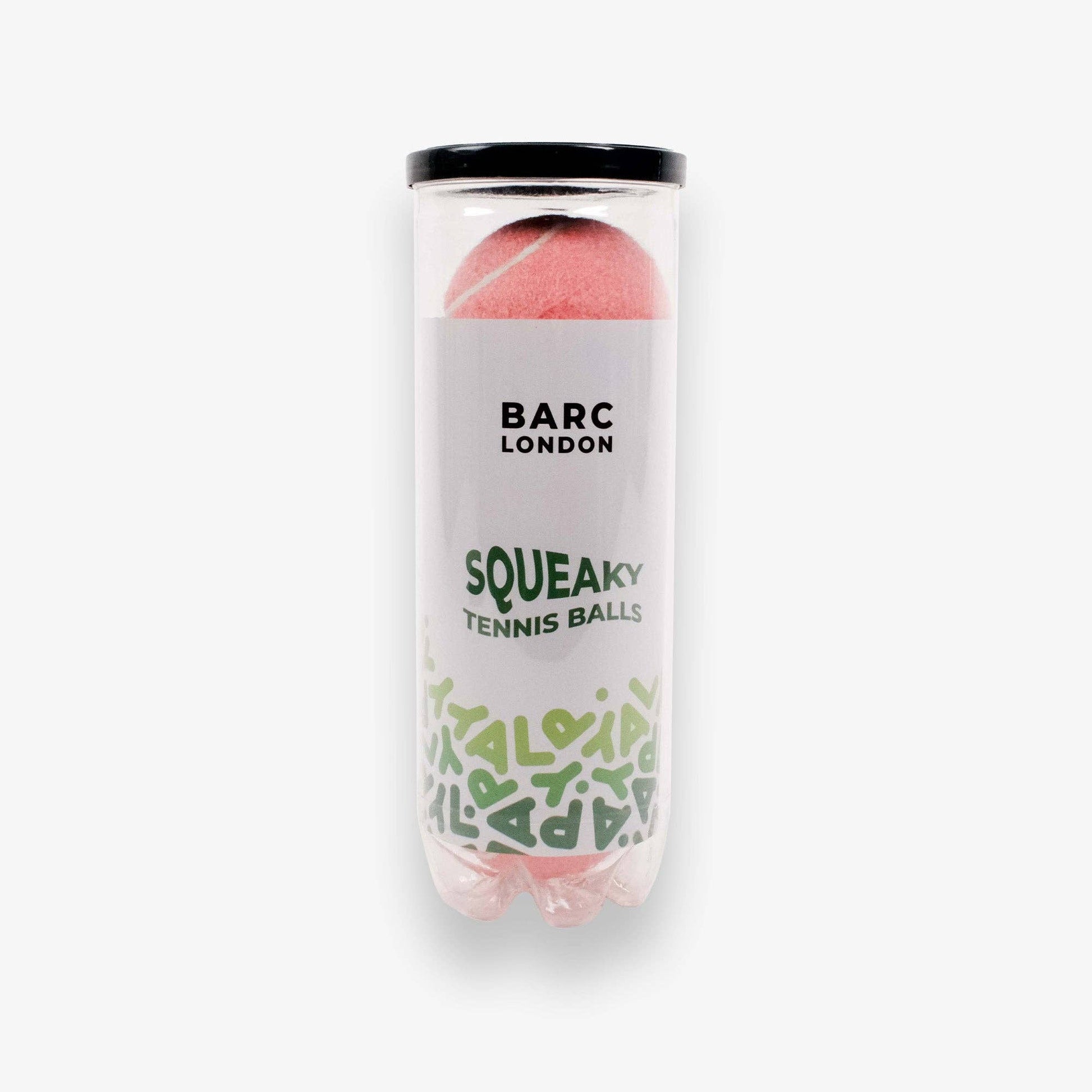 Pink Dog Balls stored inside reusable Barc London tube