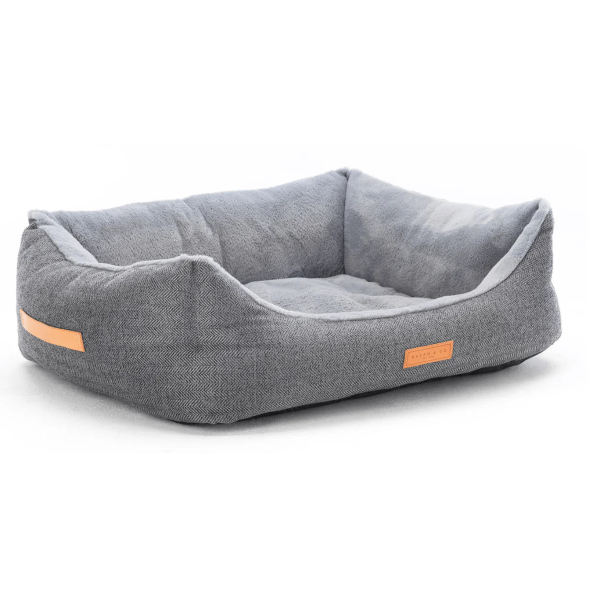 Gray pet bed with orange accents on a white background