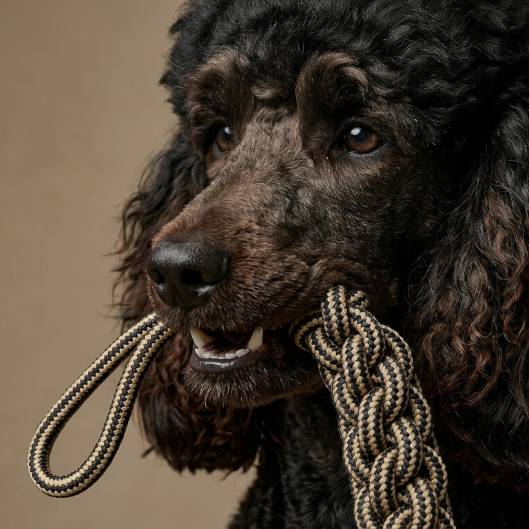 Black dog holding a rope in its mouth against a brown background