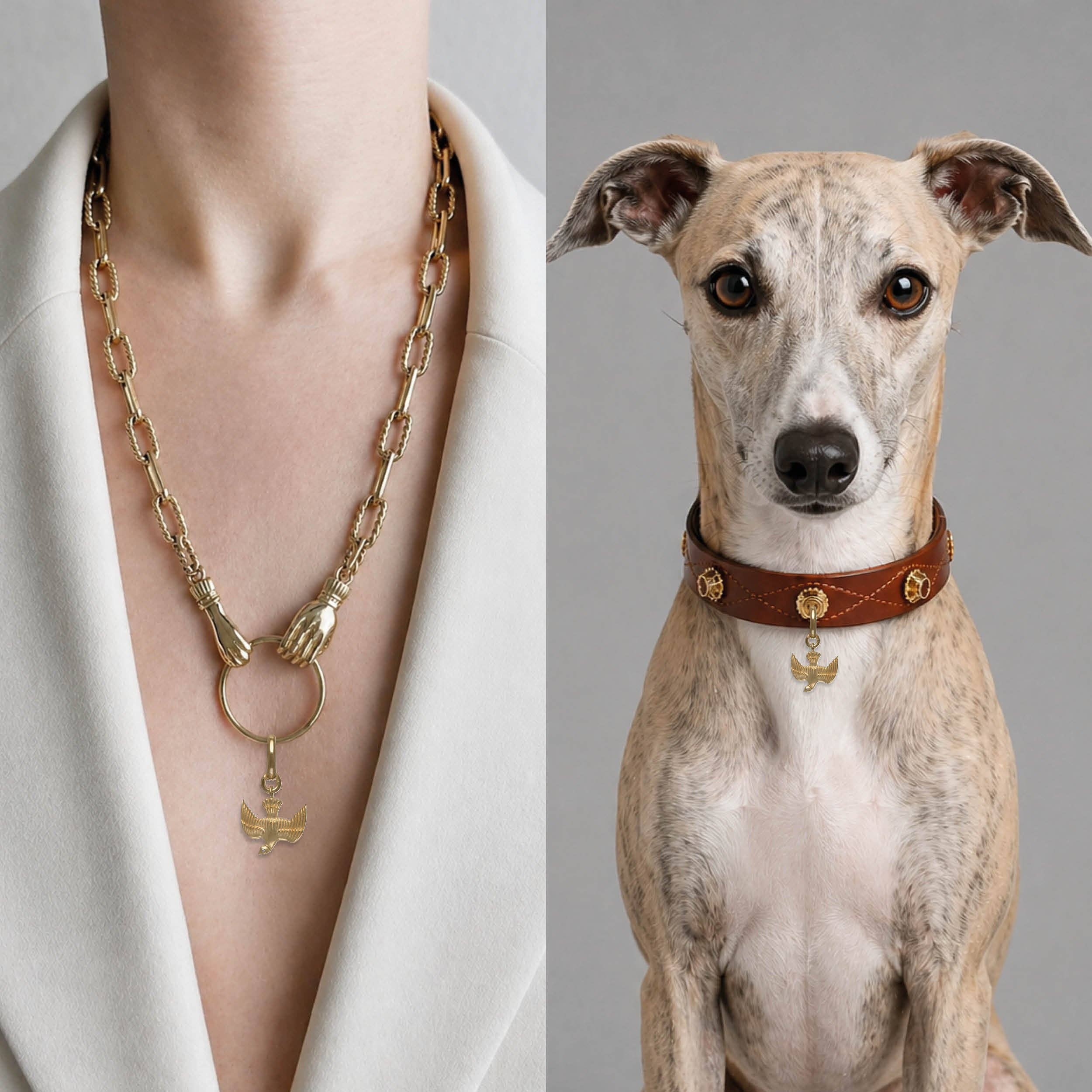Bird-shaped brass dog collar charm by Unleash CPH