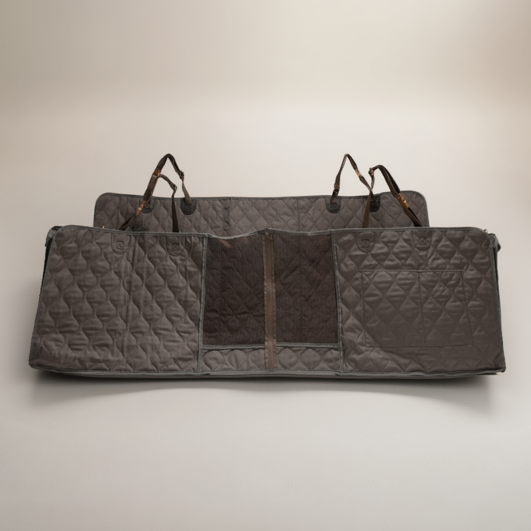 Luxury quilted dog car hammock installed across a back seat