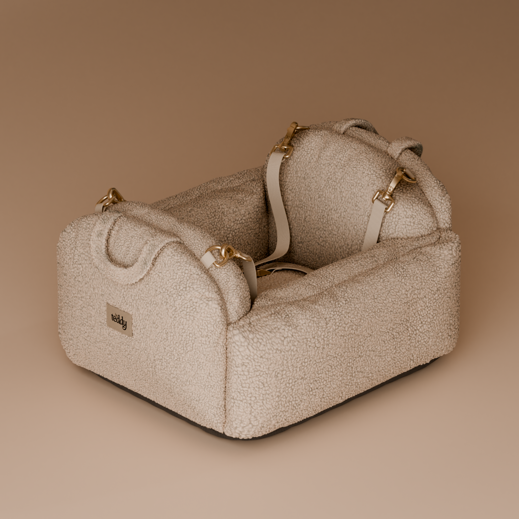 Beige textured pet carrier on a beige background