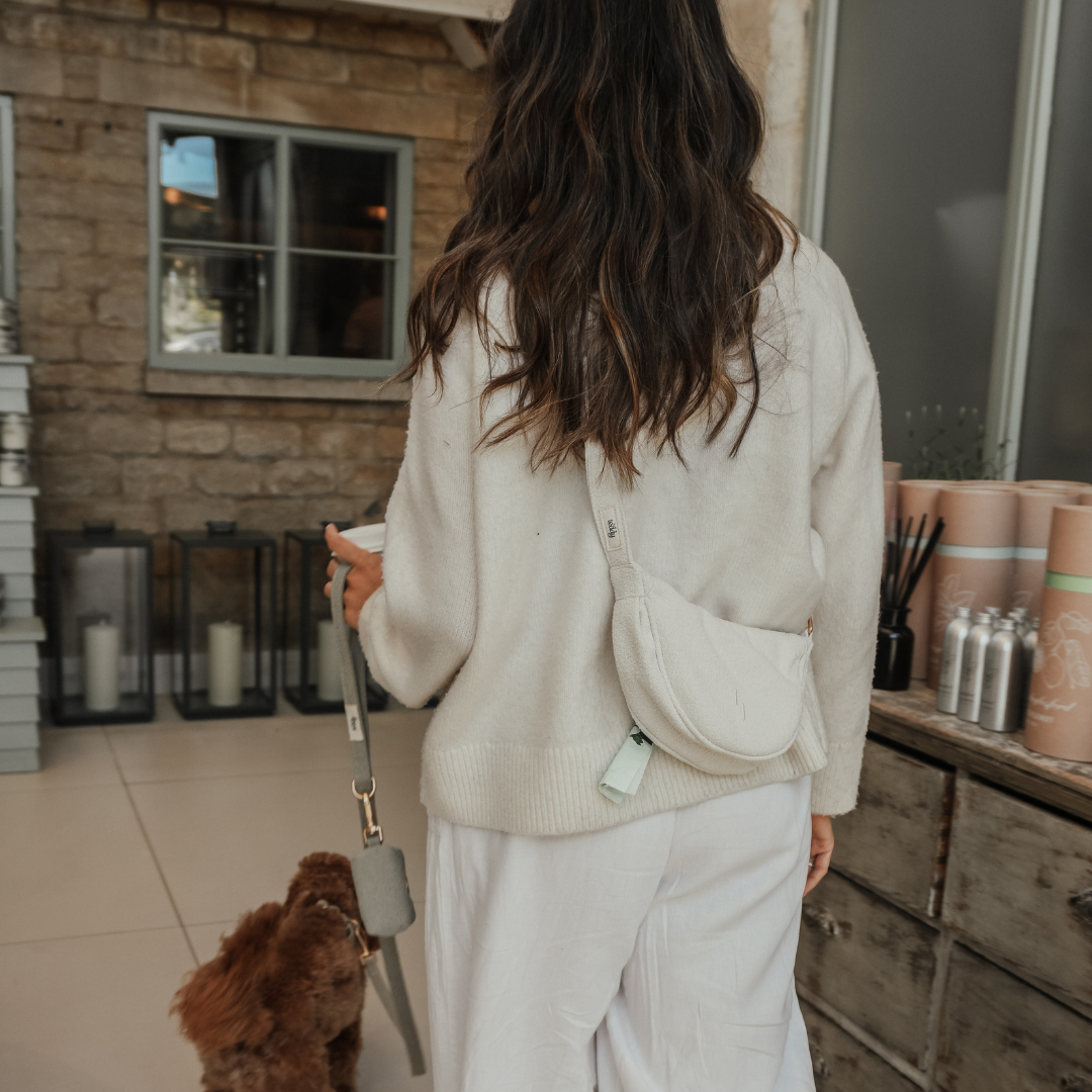 Hands-free bouclé dog walking bag by BY TEDDY