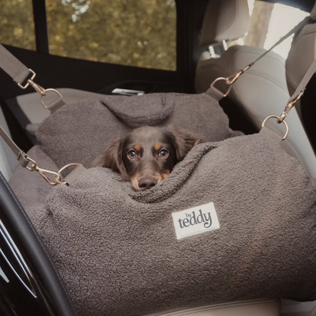 Lightweight luxury dog car seat in chocolate sherpa
