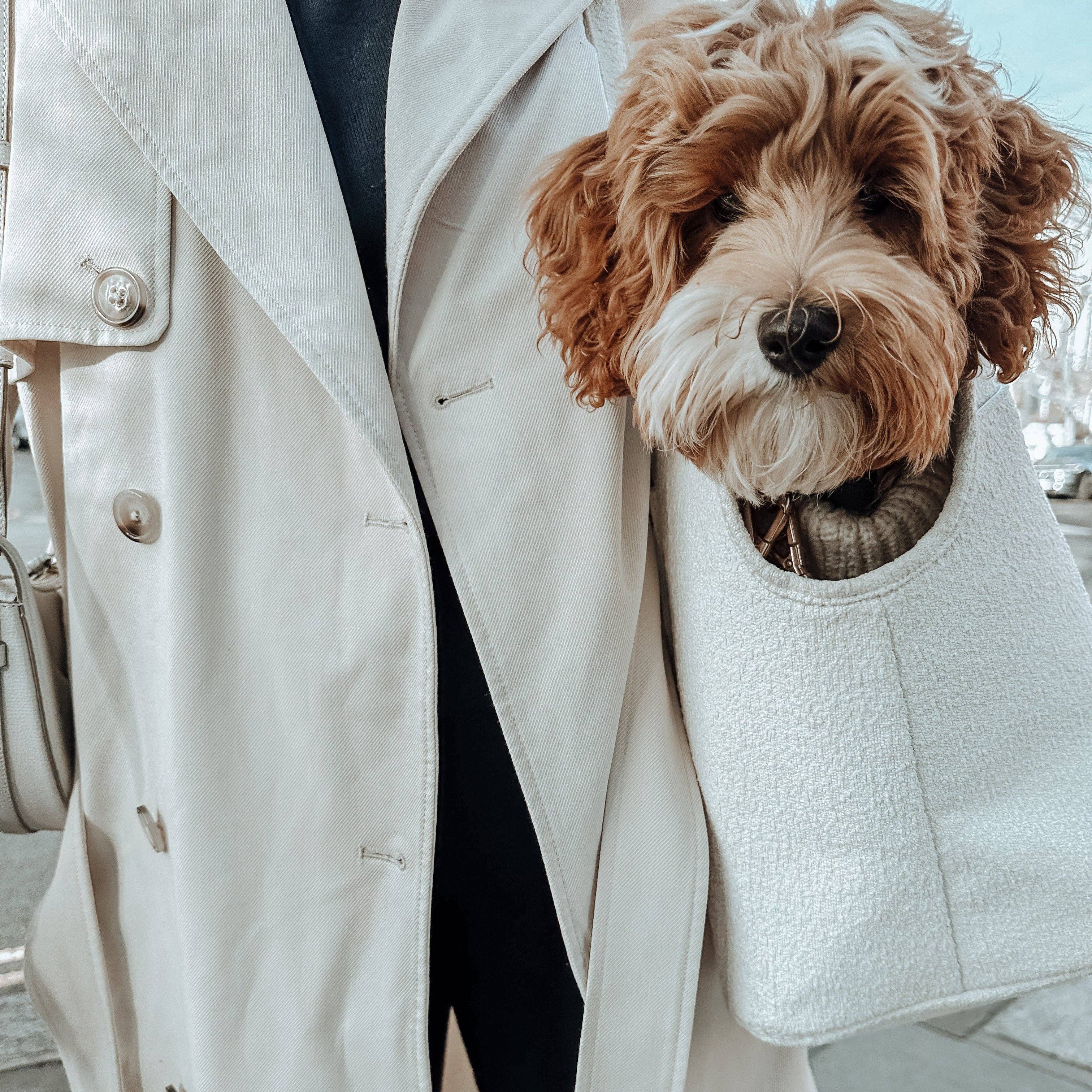 Luxury Marshmallow Bouclé Carrier styled for travel